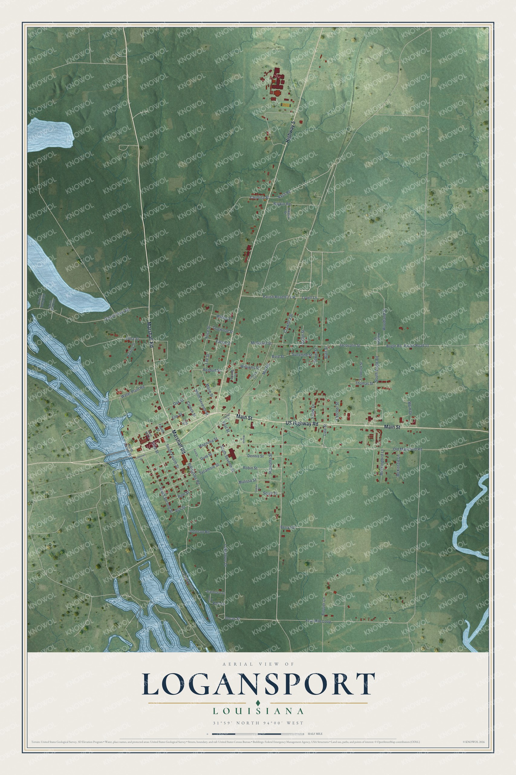 Full map of Logansport, Louisiana, with red buildings, printed street names and the land around them
