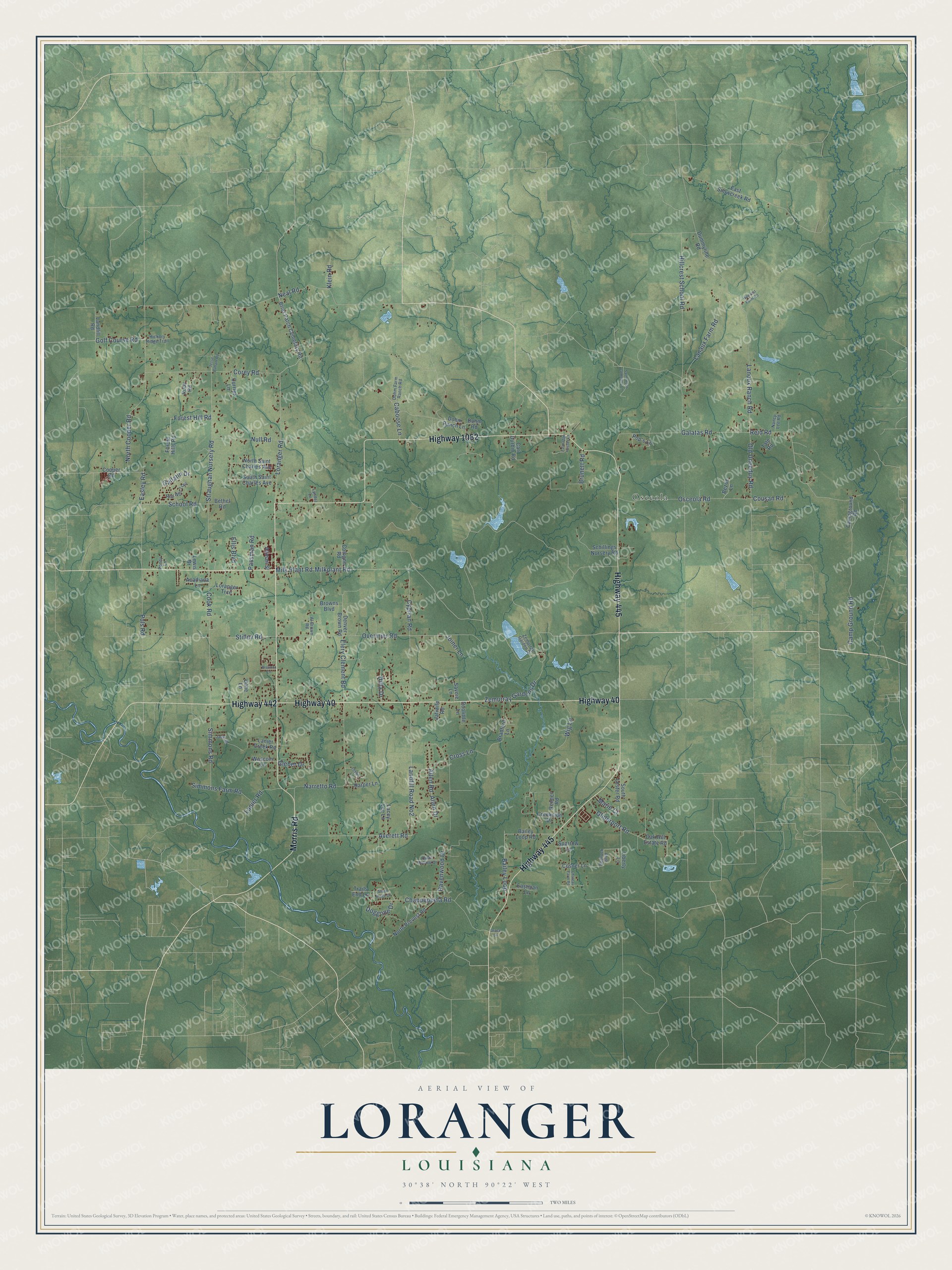 Full map of Loranger, Louisiana, with red buildings, printed street names and the land around them