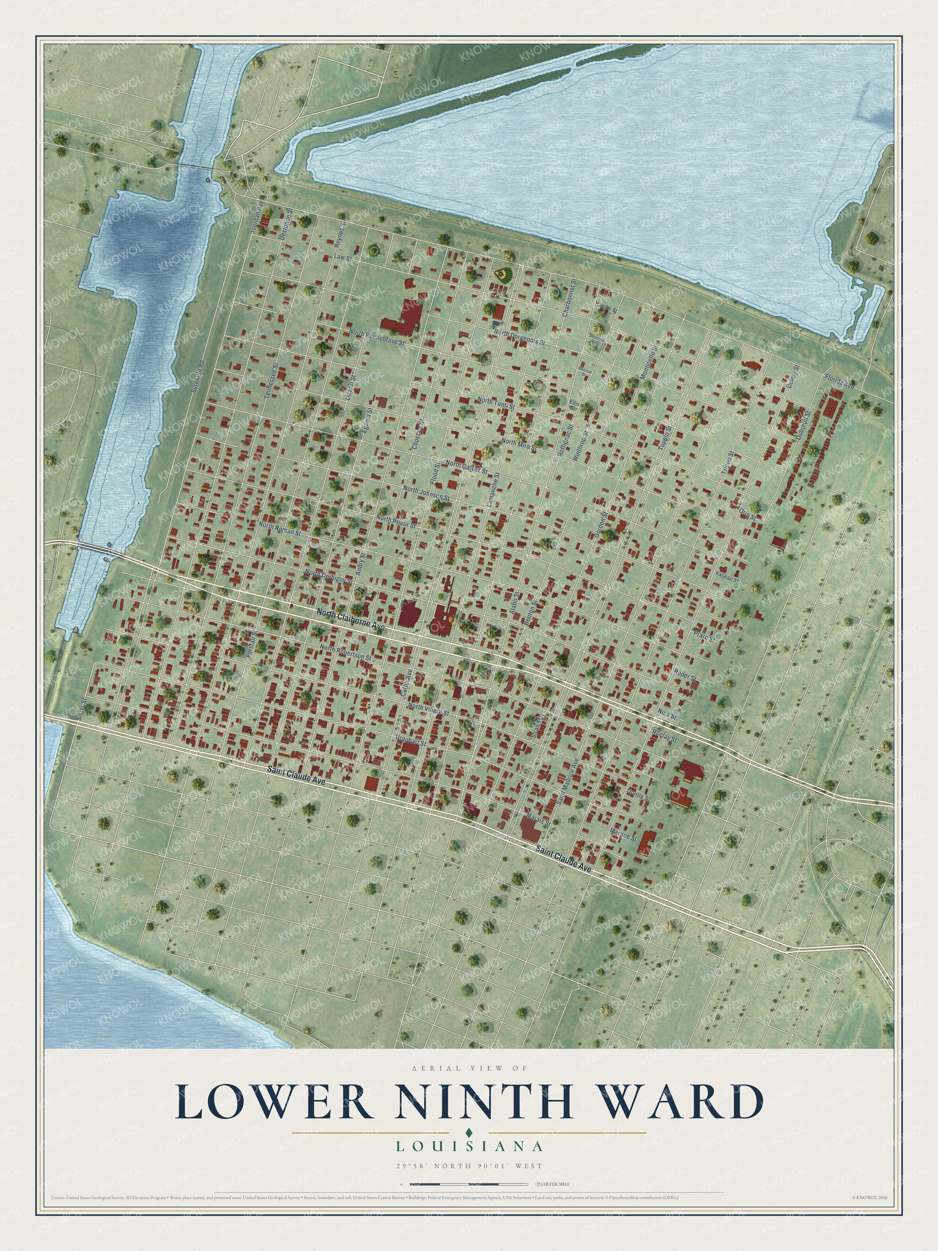 Full map of Lower Ninth Ward, Louisiana, with red buildings, printed street names and the land around them