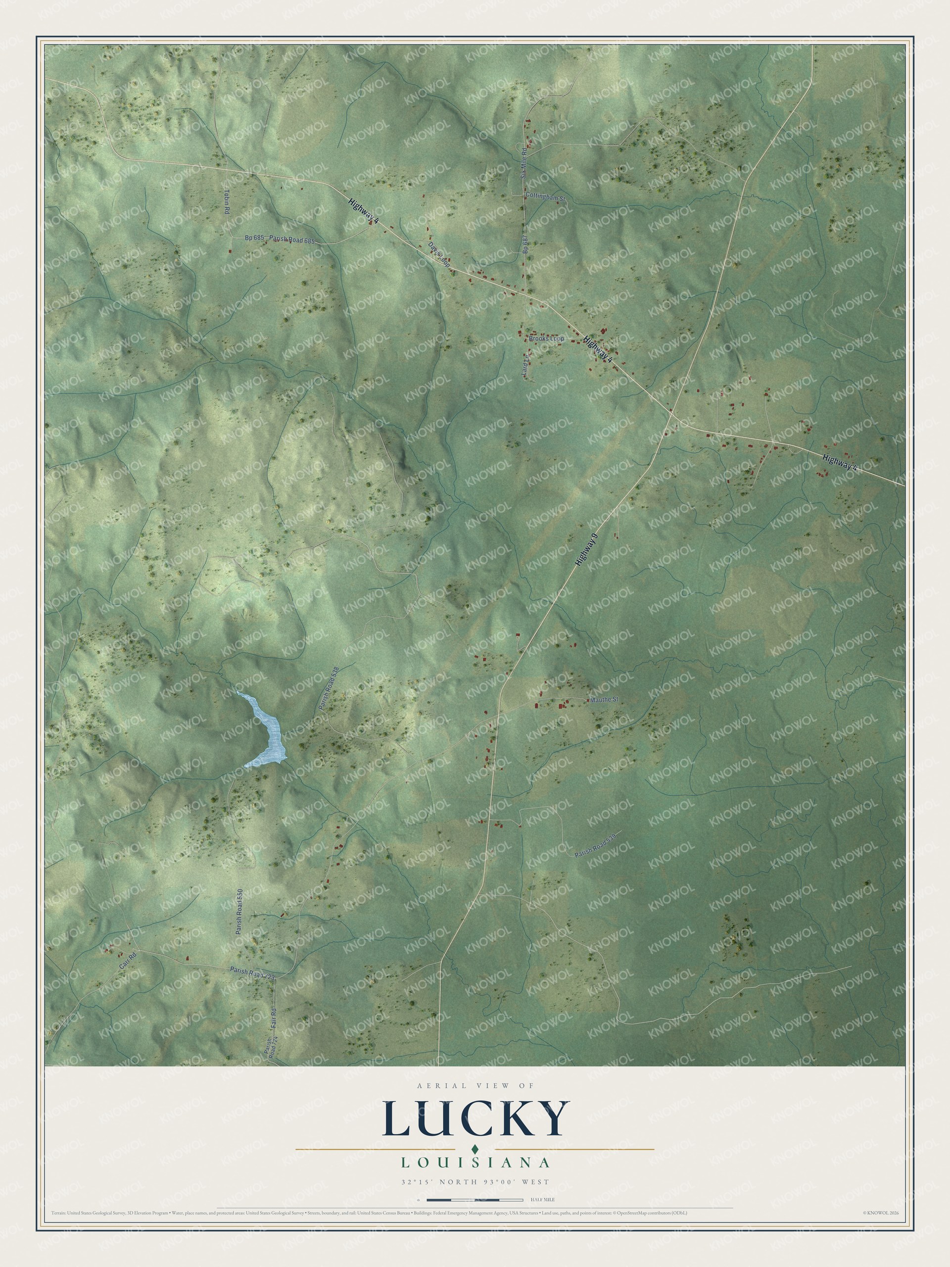Full map of Lucky, Louisiana, with red buildings, printed street names and the land around them