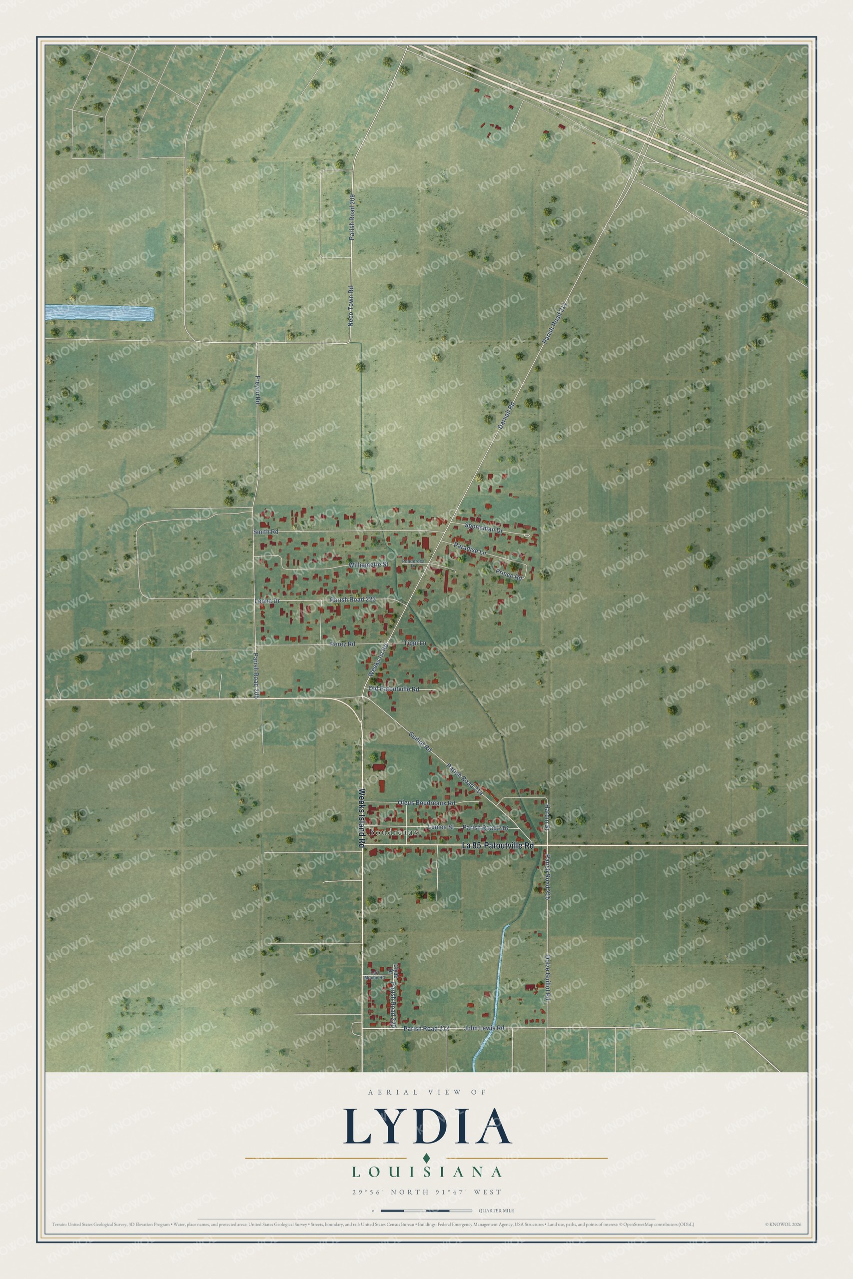 Full map of Lydia, Louisiana, with red buildings, printed street names and the land around them