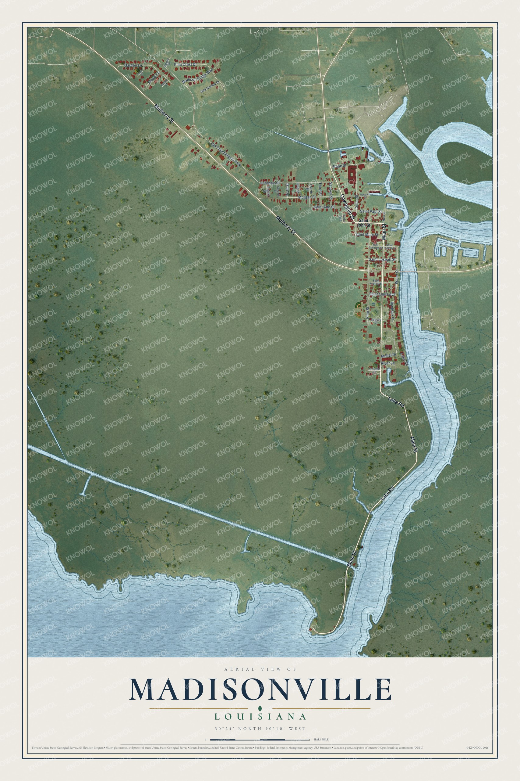 Full map of Madisonville, Louisiana, with red buildings, printed street names and the land around them