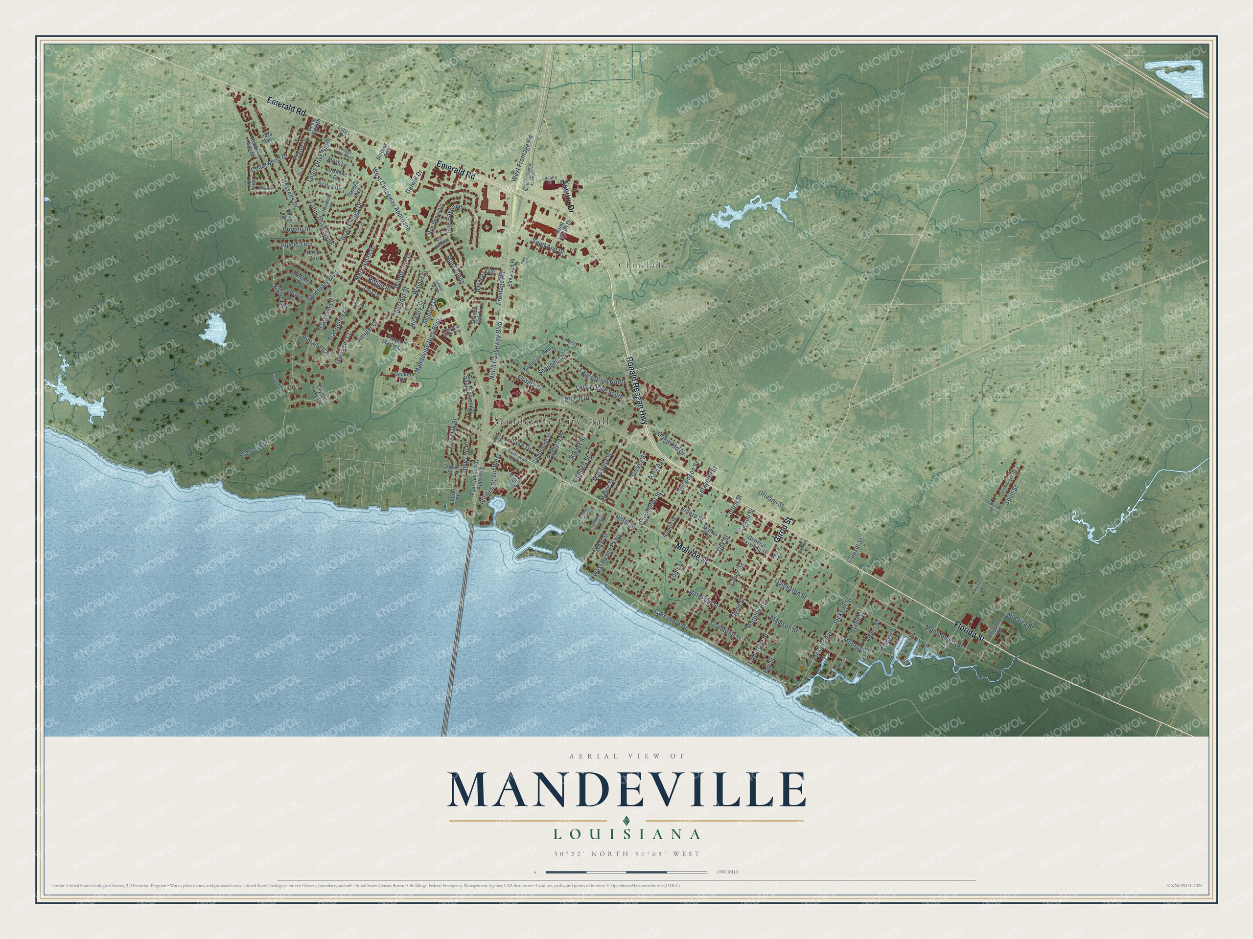 Full map of Mandeville, Louisiana, with red buildings, printed street names and the land around them
