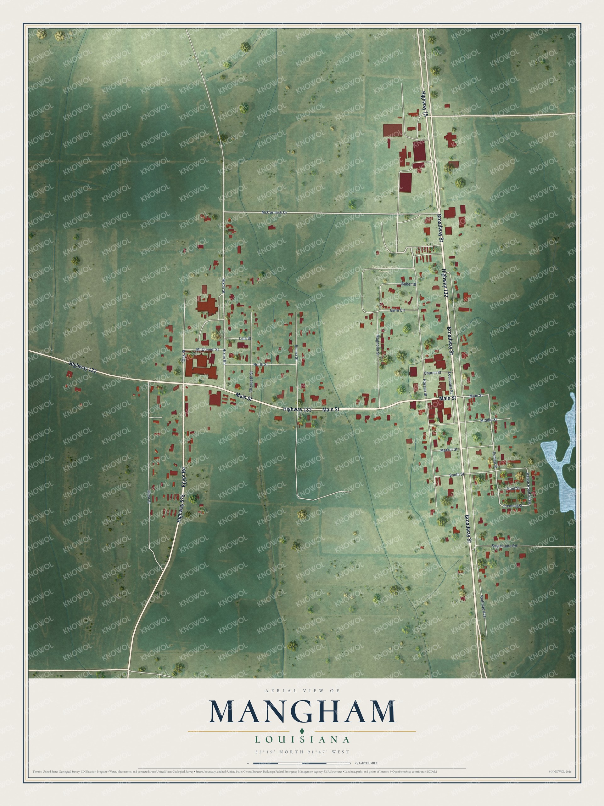 Full map of Mangham, Louisiana, with red buildings, printed street names and the land around them