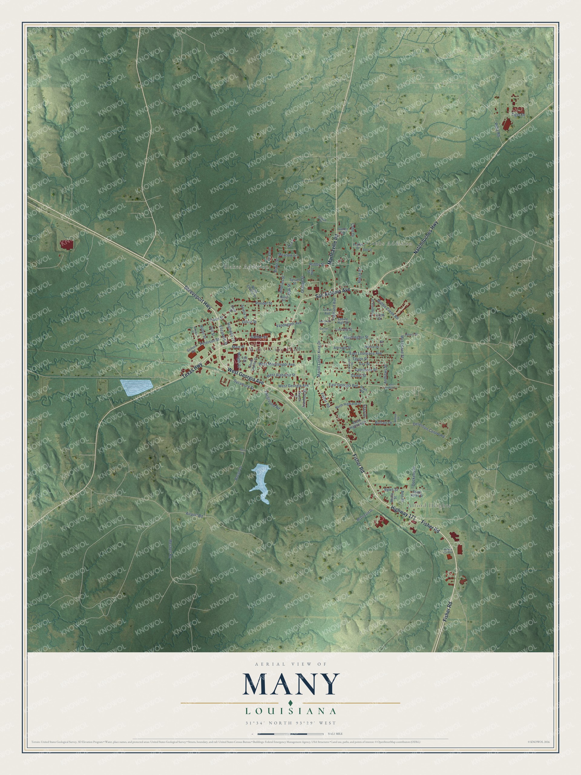 Full map of Many, Louisiana, with red buildings, printed street names and the land around them