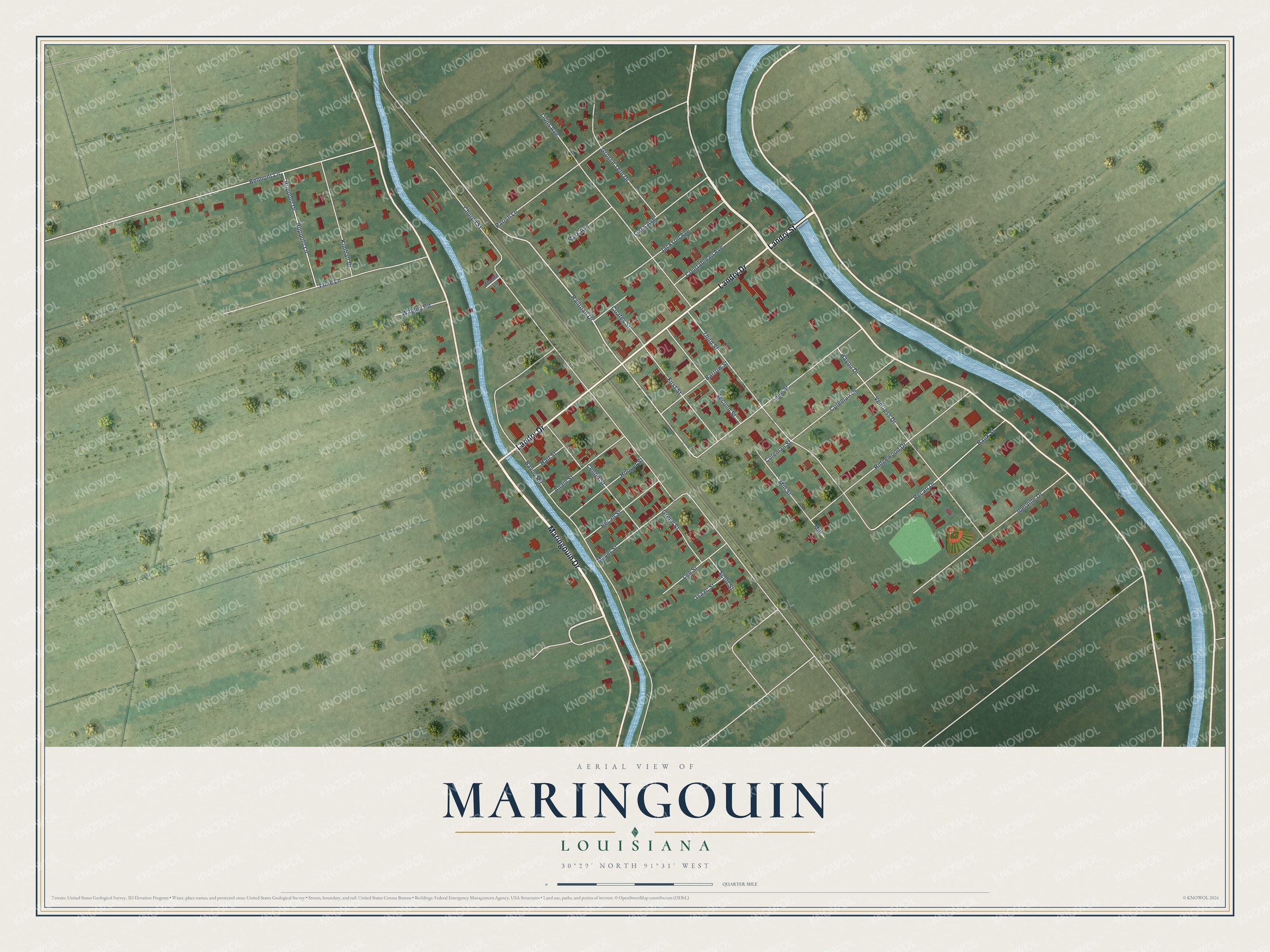 Full map of Maringouin, Louisiana, with red buildings, printed street names and the land around them