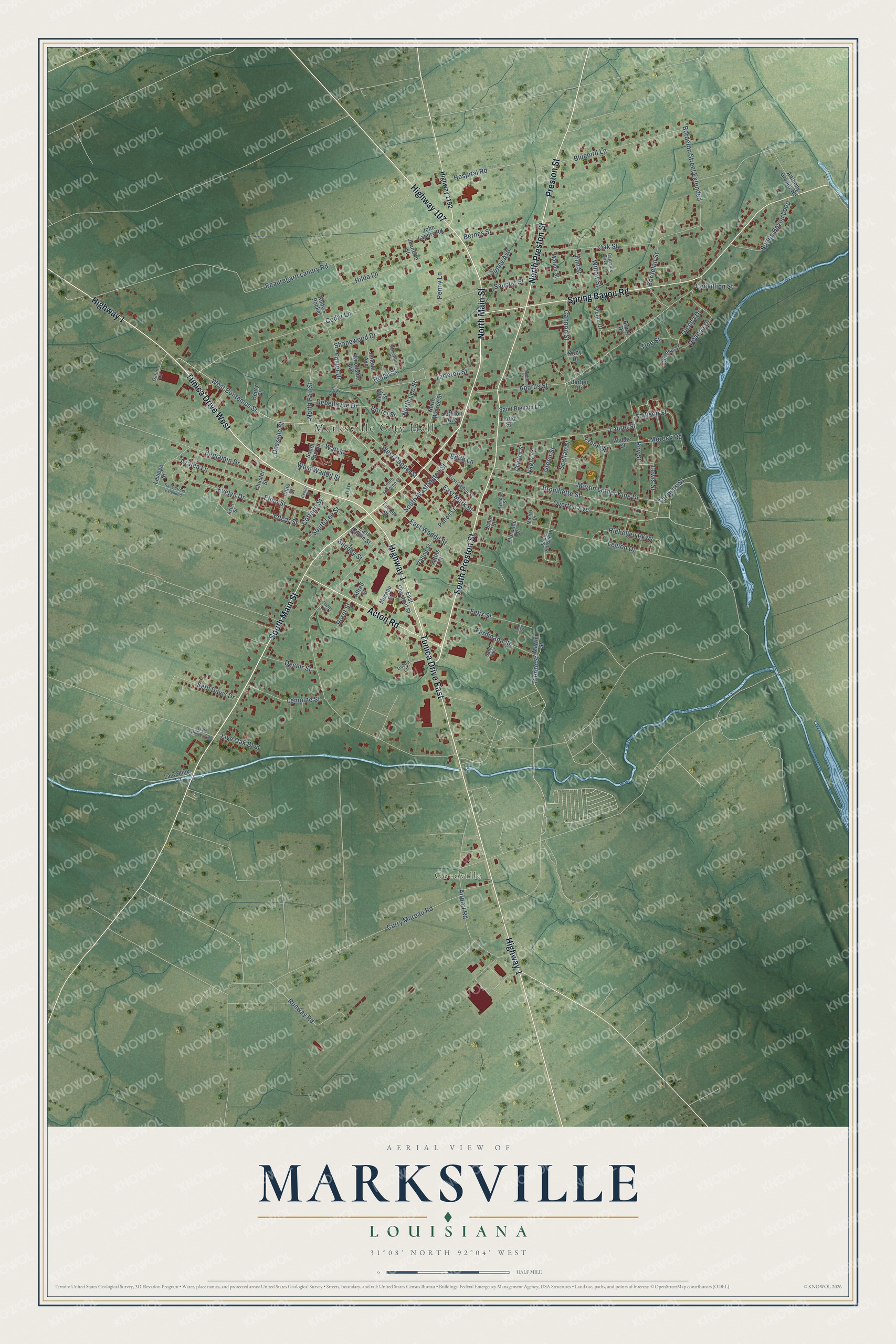 Full map of Marksville, Louisiana, with red buildings, printed street names and the land around them