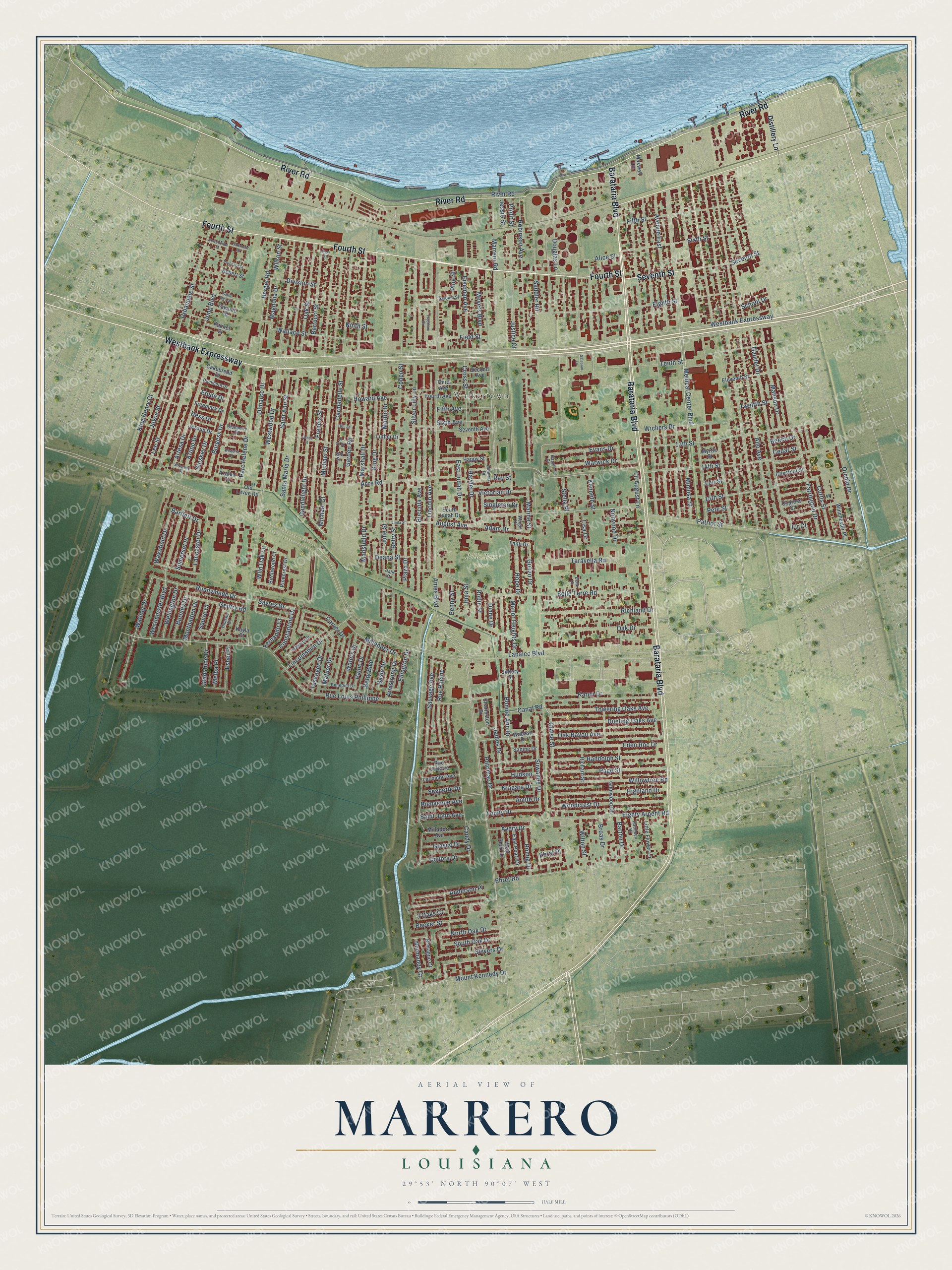 Watermarked full-map preview of Marrero, Louisiana