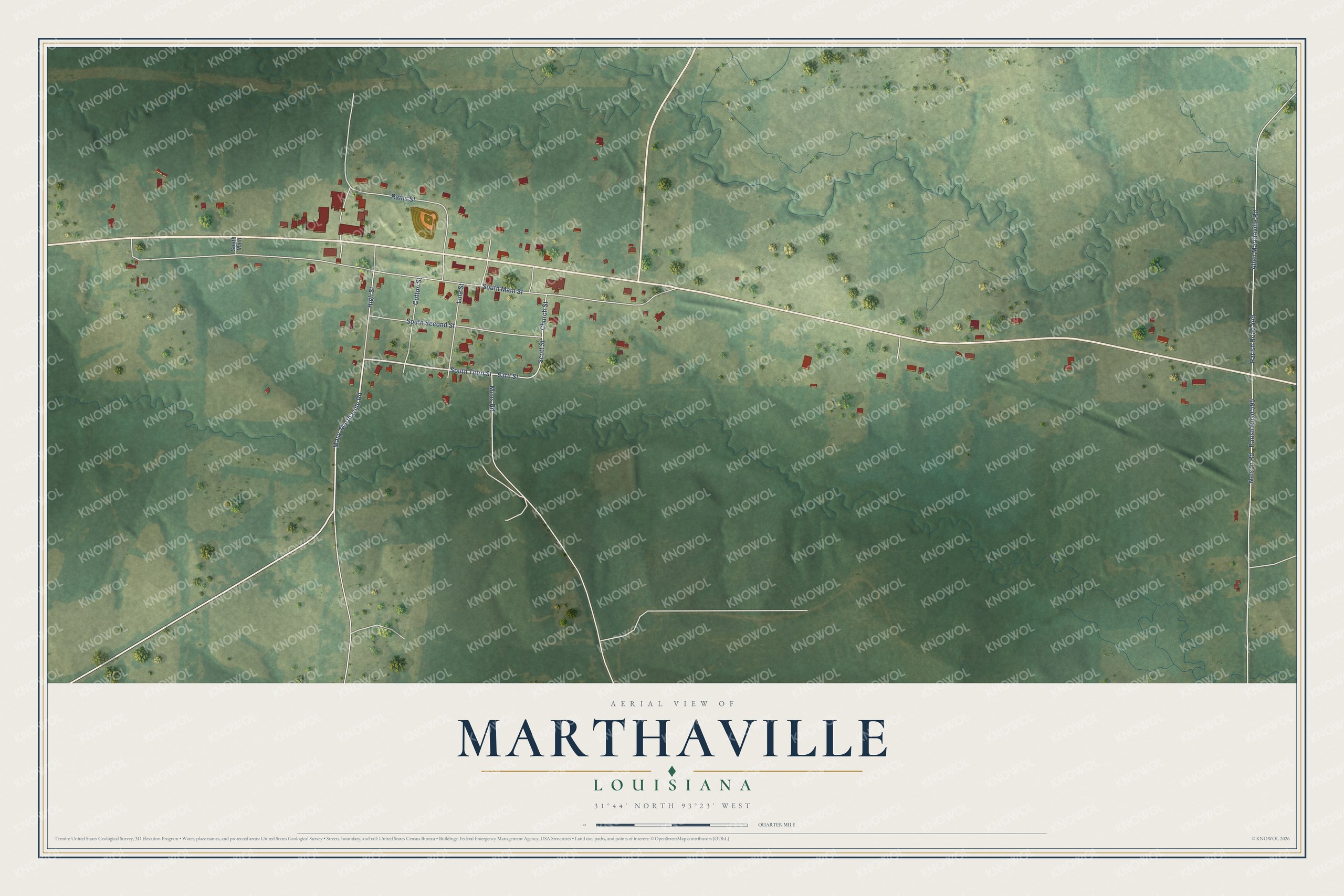 Full map of Marthaville, Louisiana, with red buildings, printed street names and the land around them