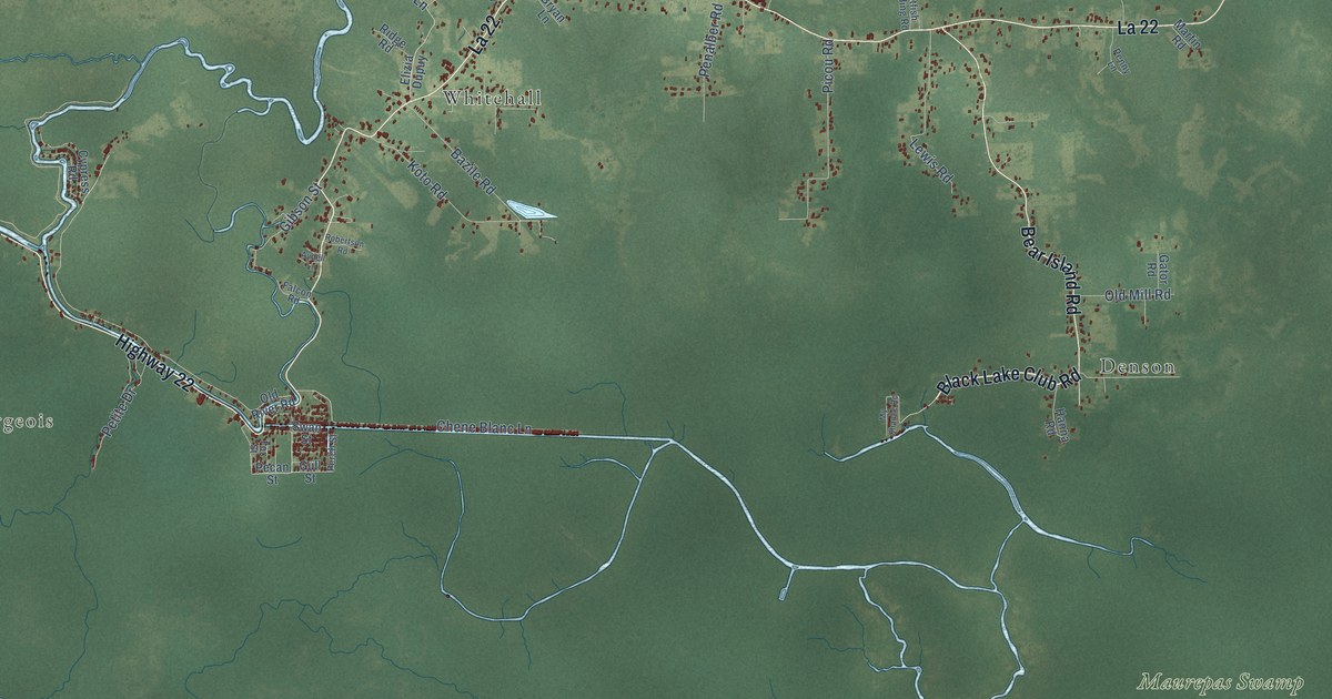 Close-up of streets and buildings in Maurepas, Louisiana