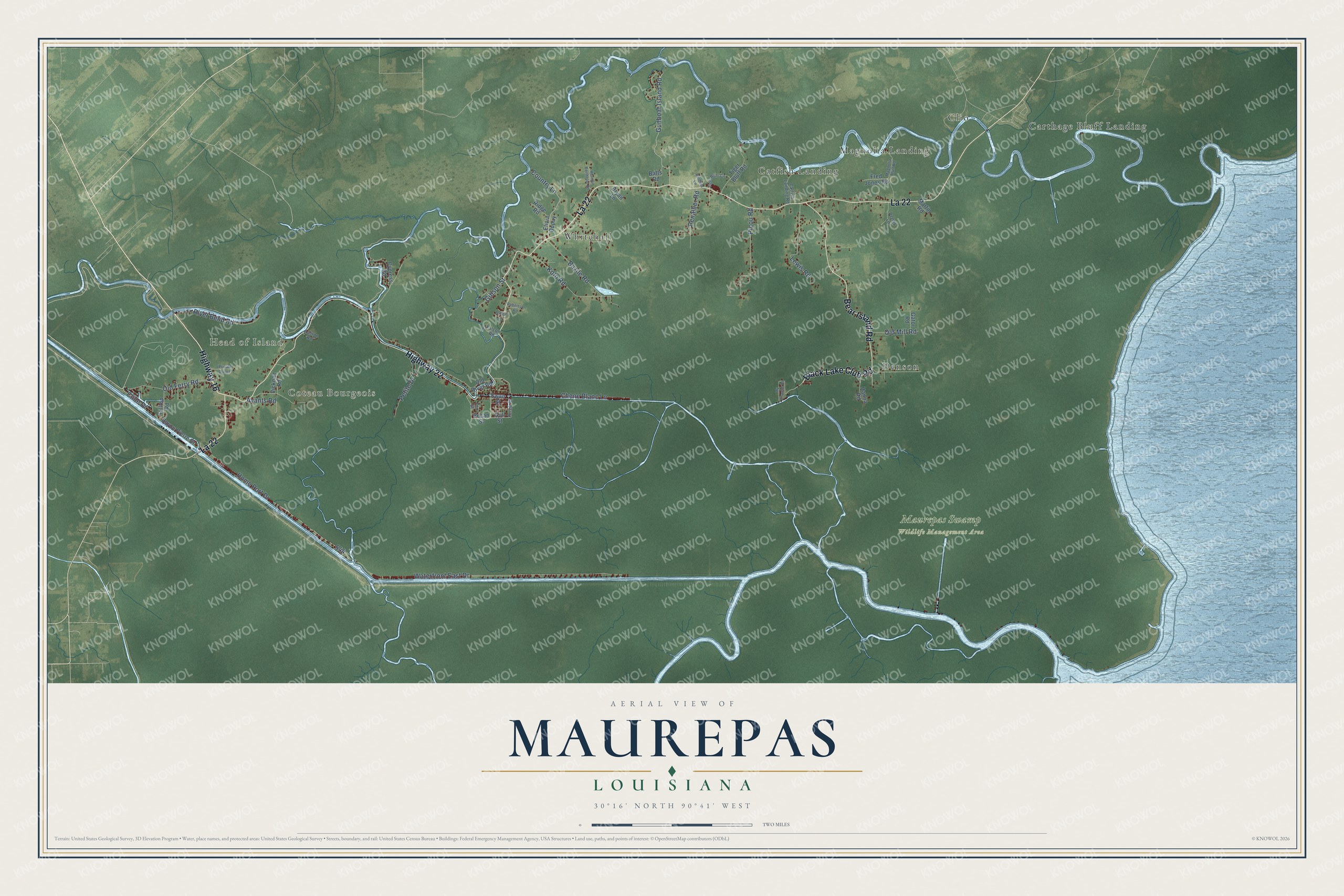 Full map of Maurepas, Louisiana, with red buildings, printed street names and the land around them