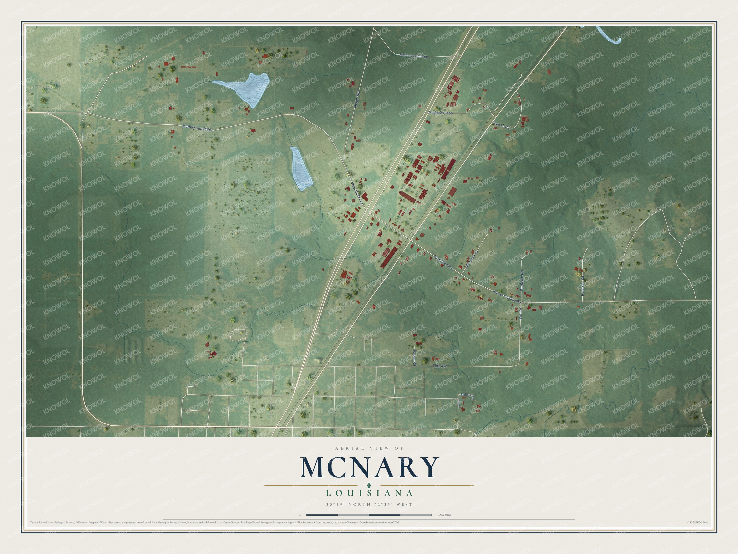 Full map of McNary, Louisiana, with red buildings, printed street names and the land around them