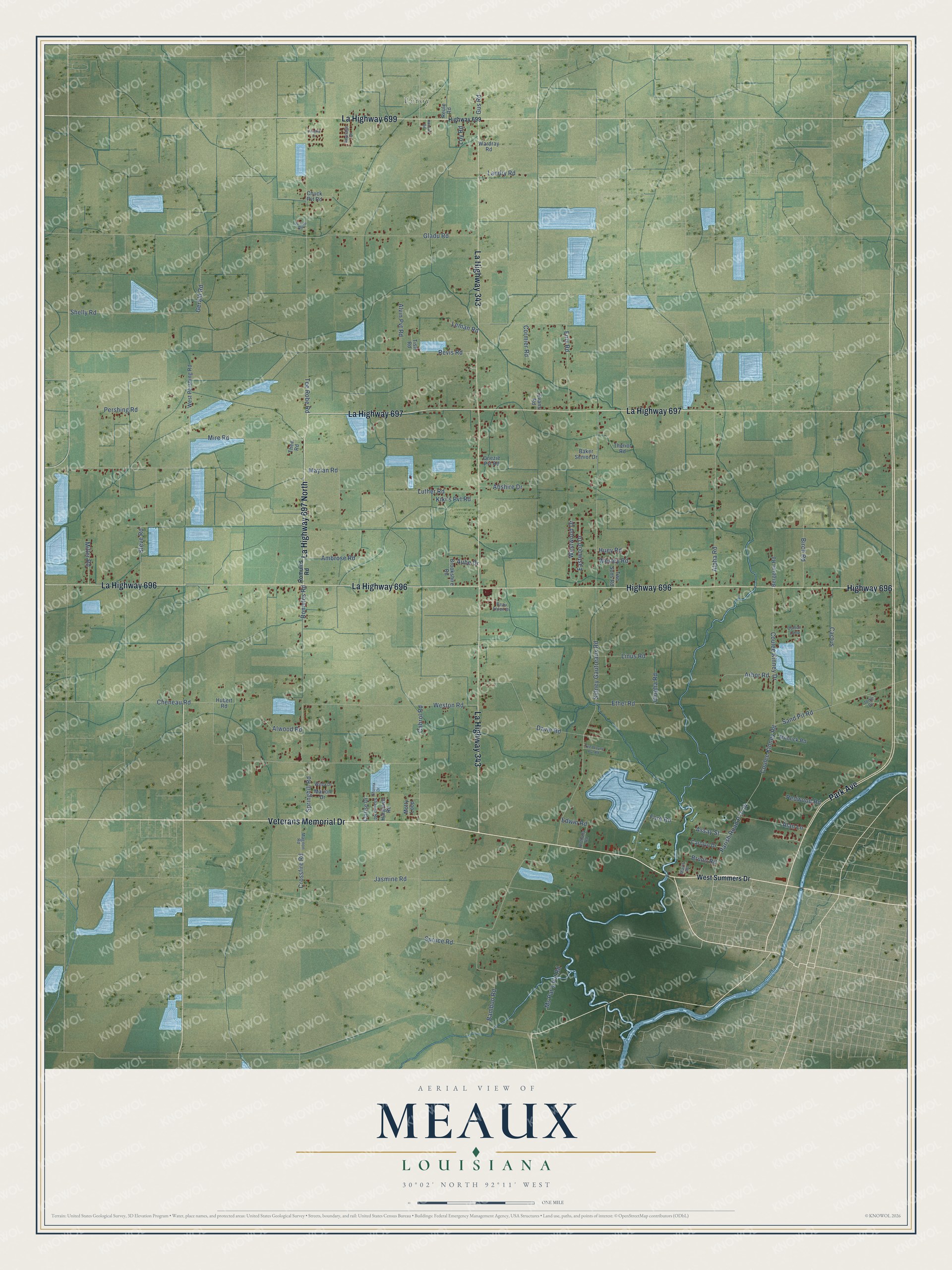 Full map of Meaux, Louisiana, with red buildings, printed street names and the land around them
