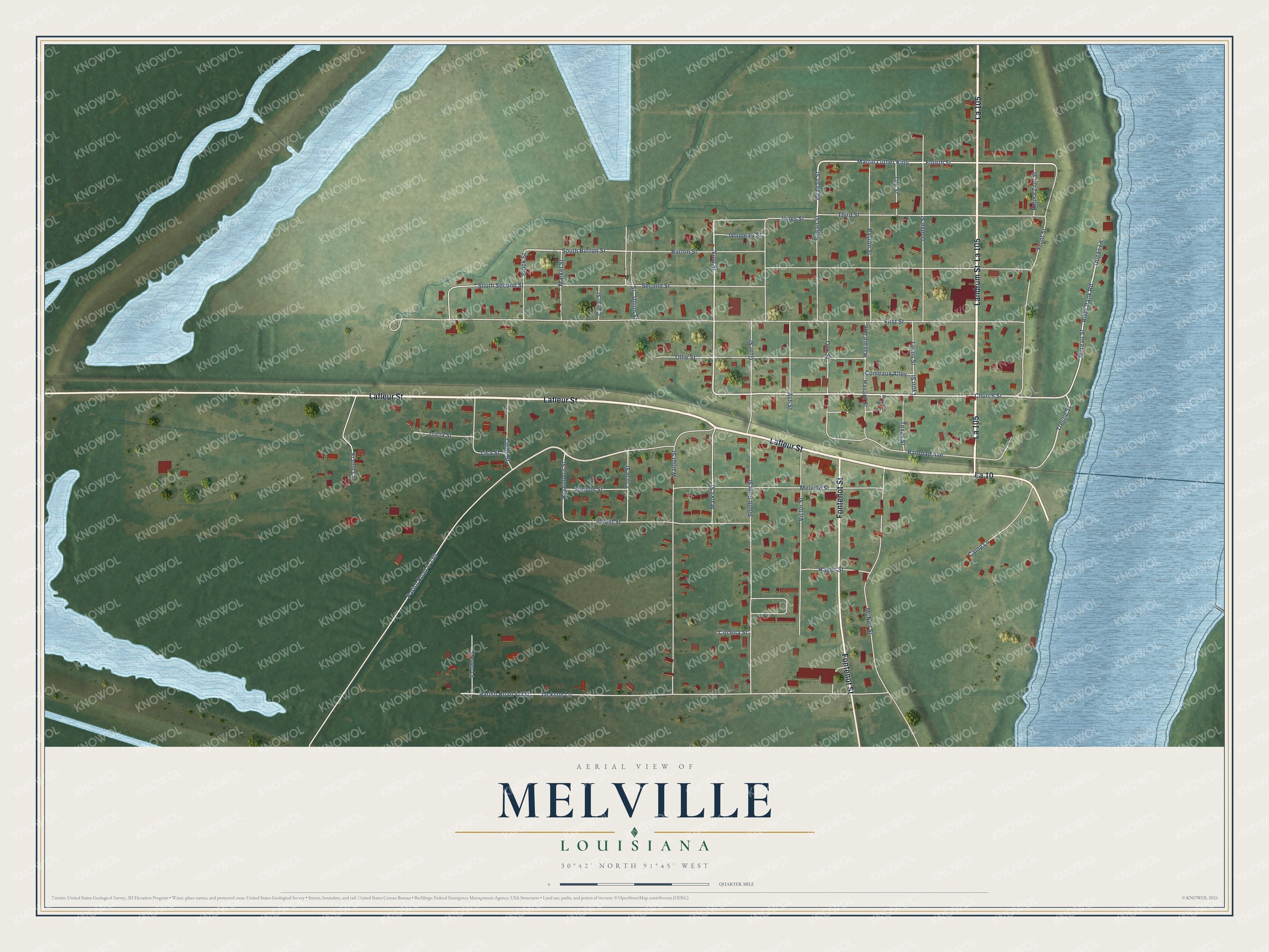 Full map of Melville, Louisiana, with red buildings, printed street names and the land around them