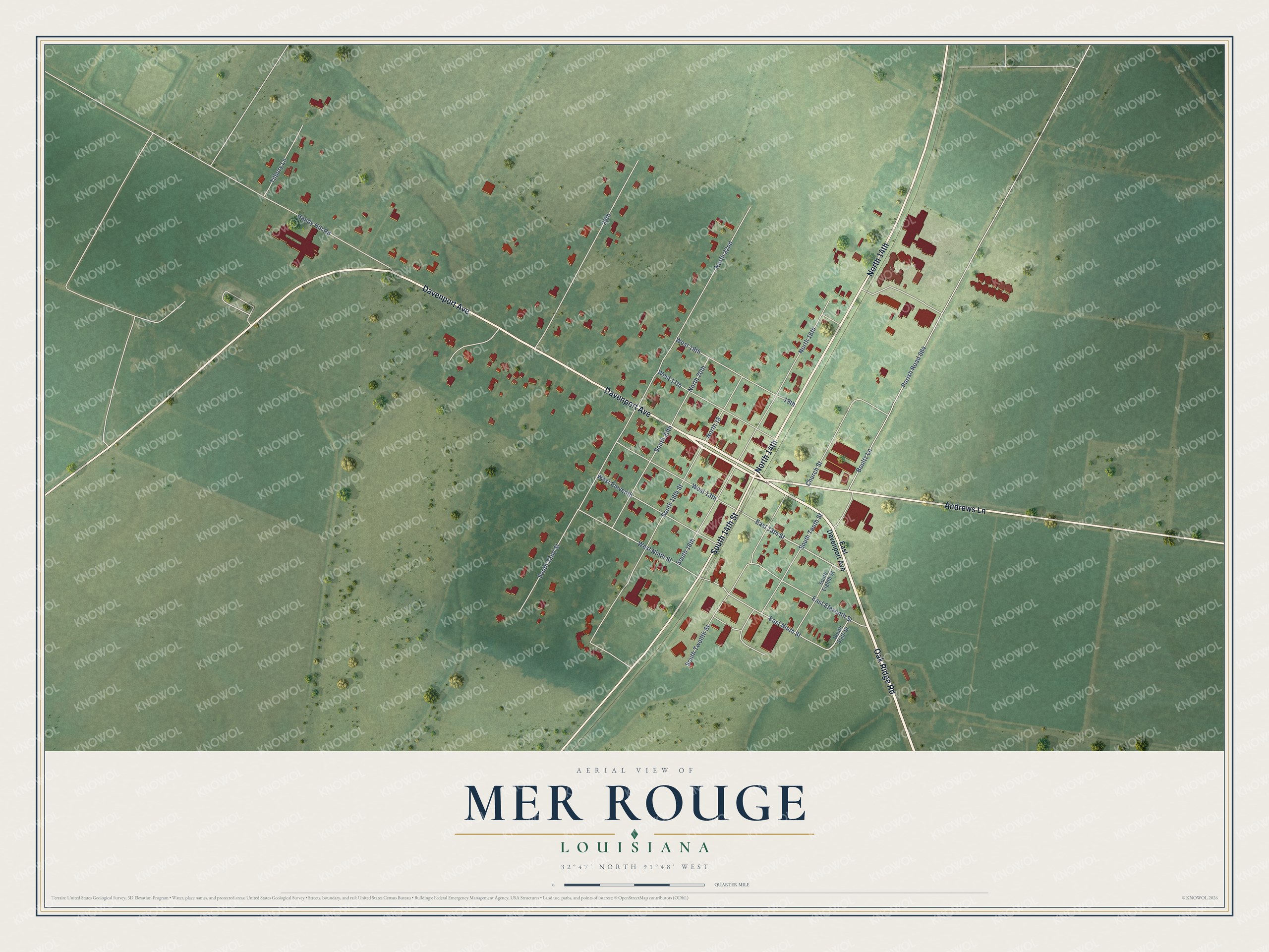 Full map of Mer Rouge, Louisiana, with red buildings, printed street names and the land around them