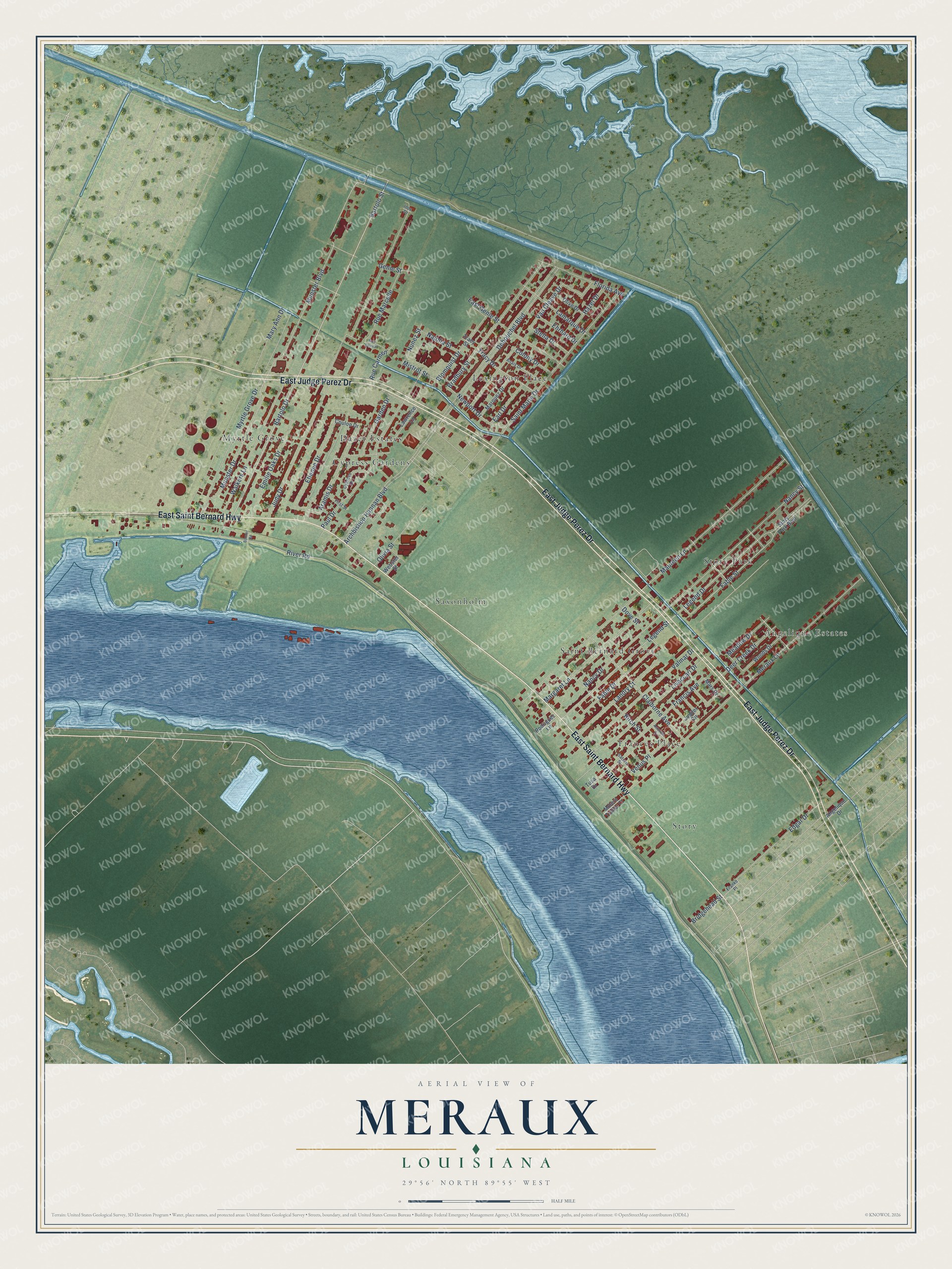 Full map of Meraux, Louisiana, with red buildings, printed street names and the land around them