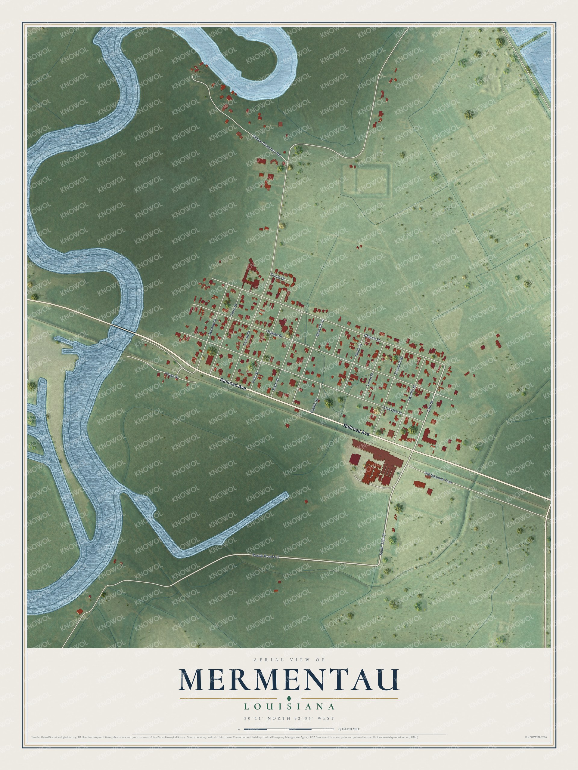Full map of Mermentau, Louisiana, with red buildings, printed street names and the land around them