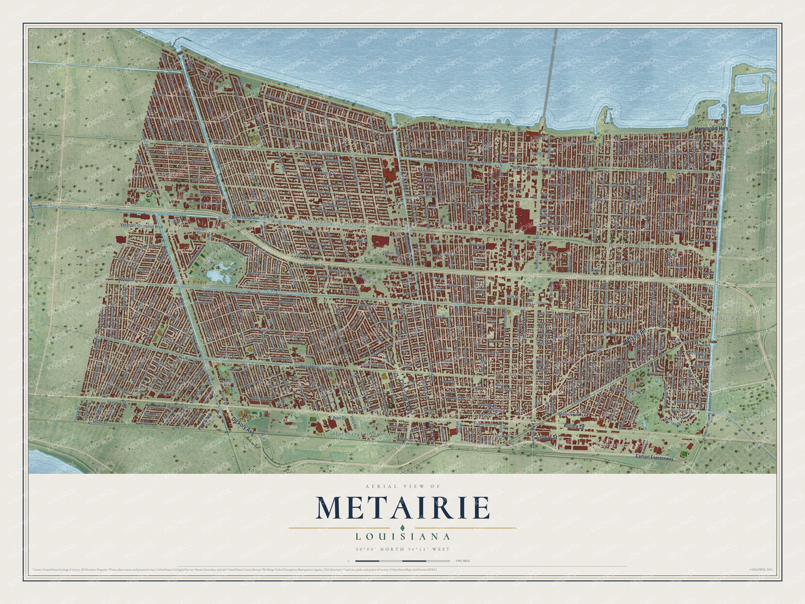 Full map of Metairie, Louisiana, with red buildings, printed street names and the land around them