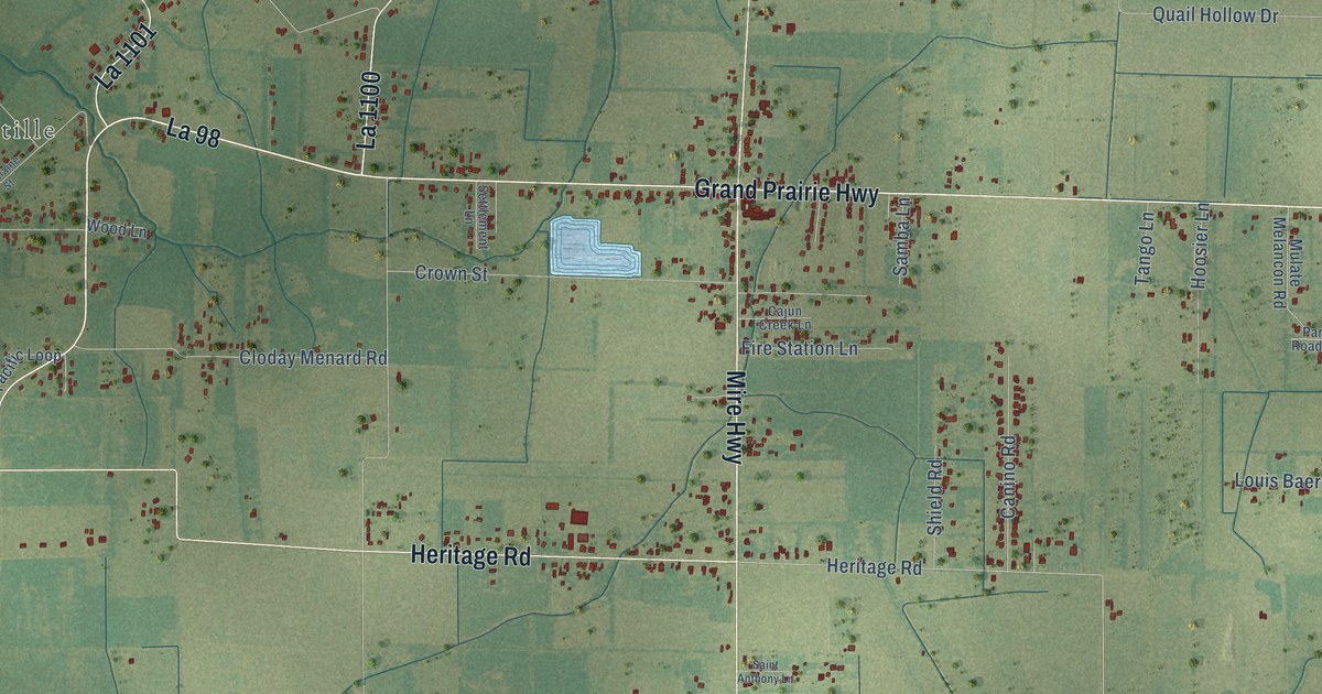 Close-up of streets and buildings in Mire, Louisiana