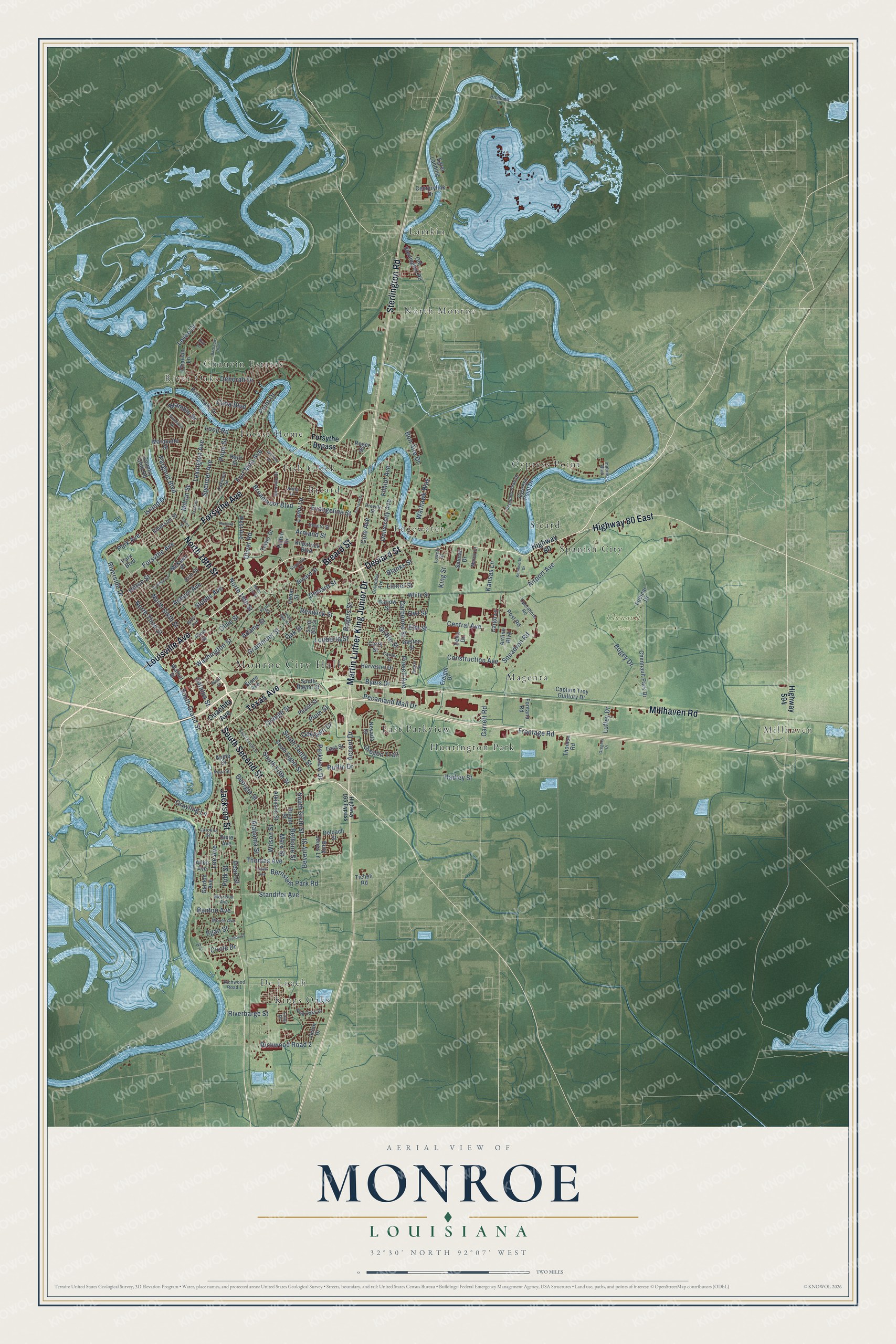 Watermarked full-map preview of Monroe, Louisiana