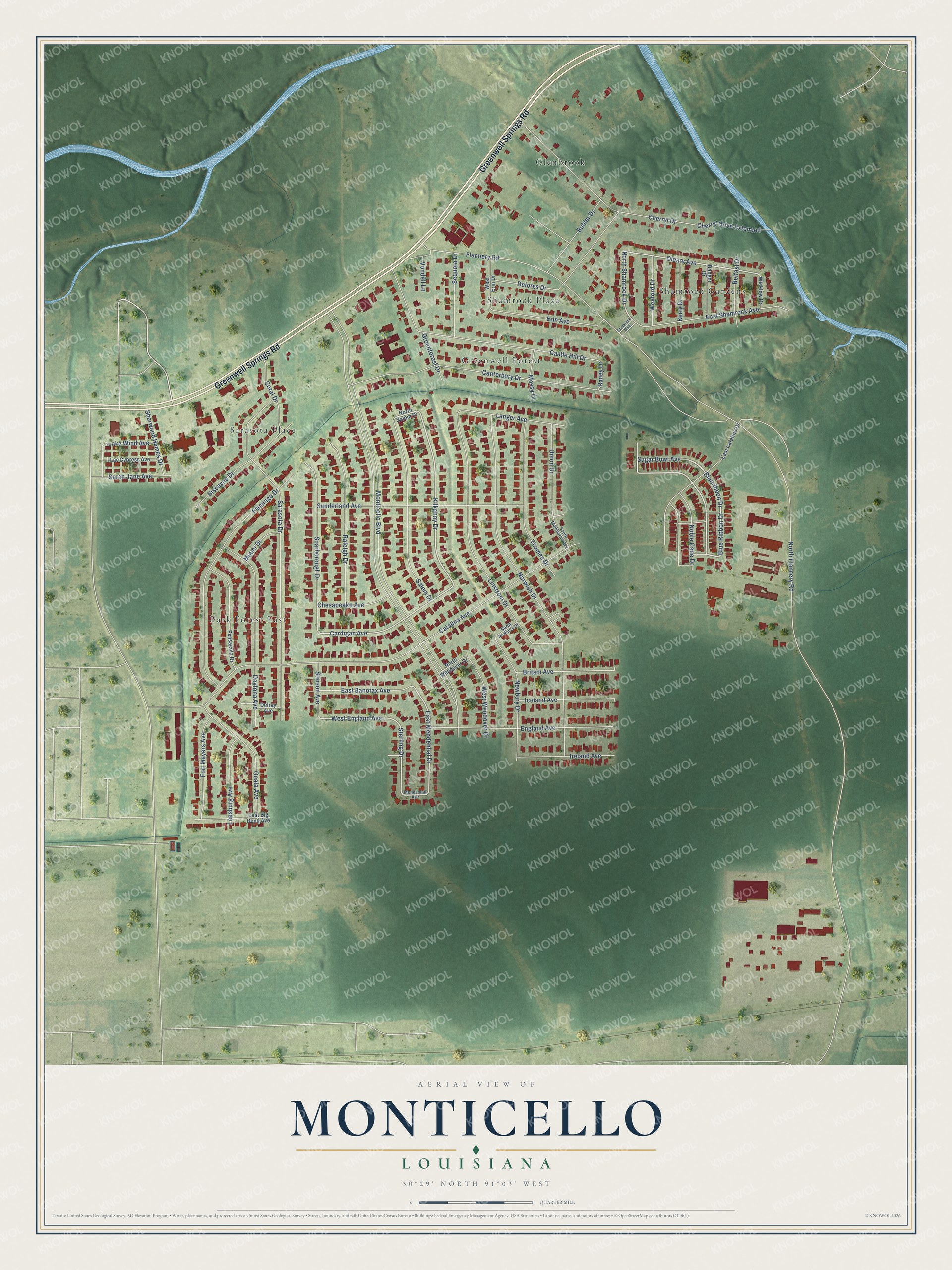 Watermarked full-map preview of Monticello, Louisiana