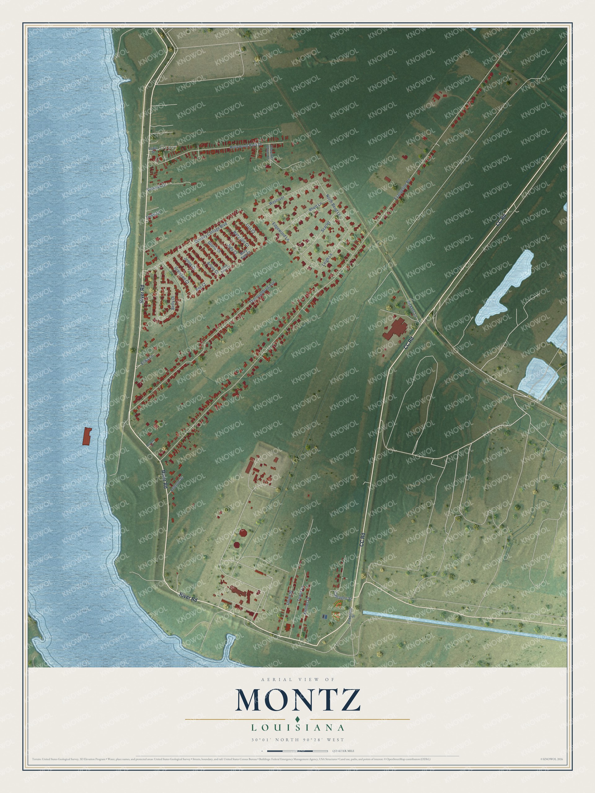 Full map of Montz, Louisiana, with red buildings, printed street names and the land around them