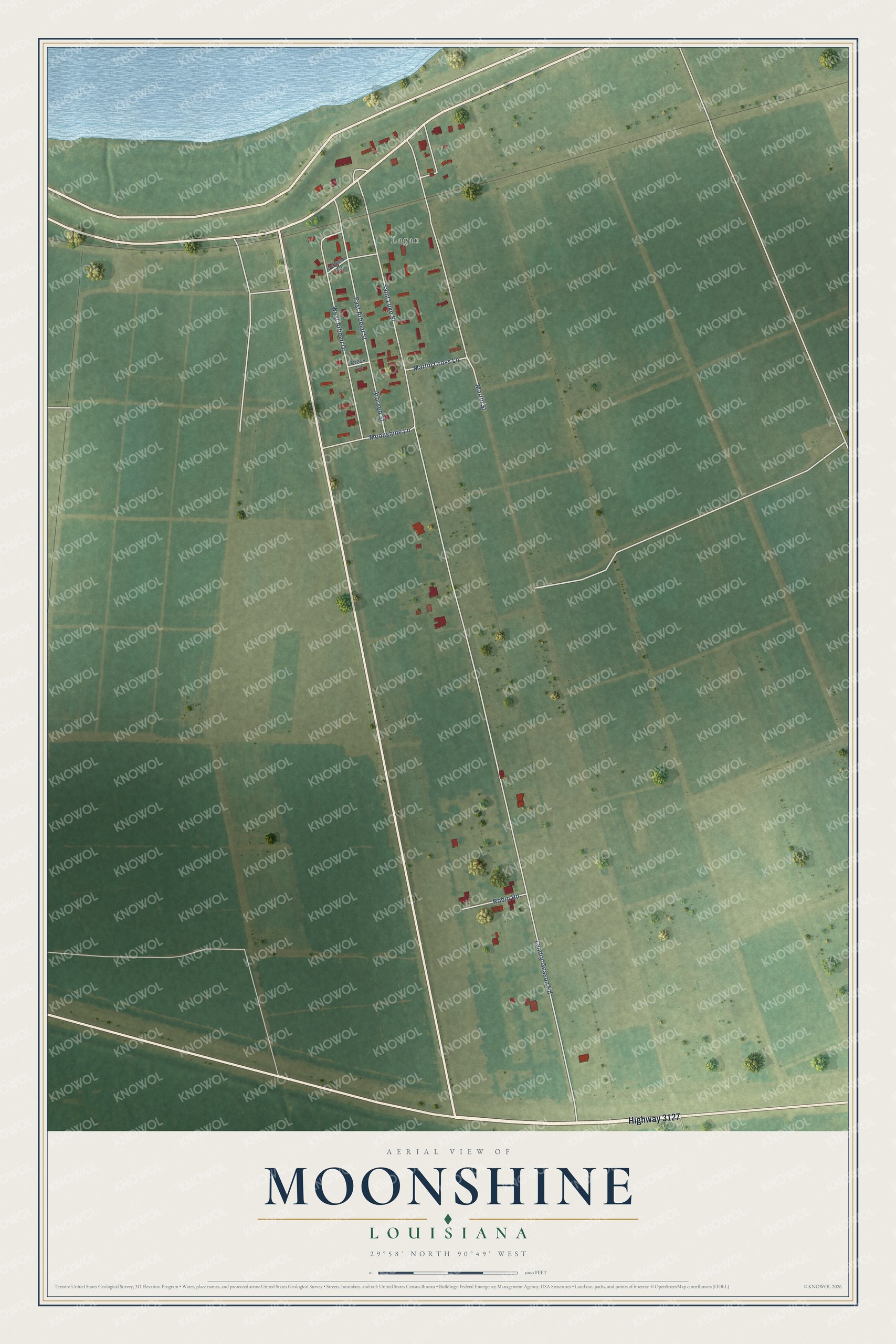 Full map of Moonshine, Louisiana, with red buildings, printed street names and the land around them