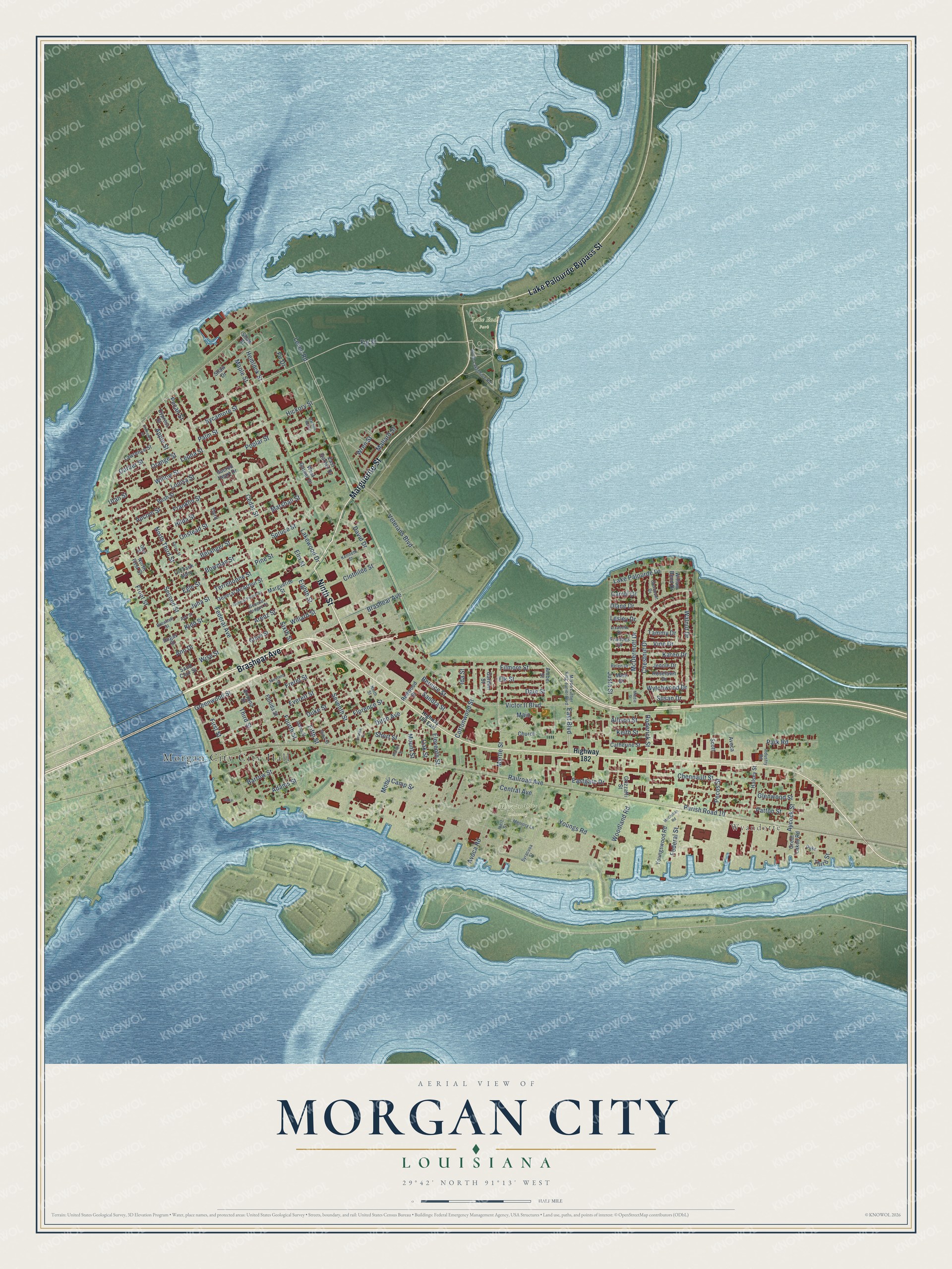 Full map of Morgan City, Louisiana, with red buildings, printed street names and the land around them