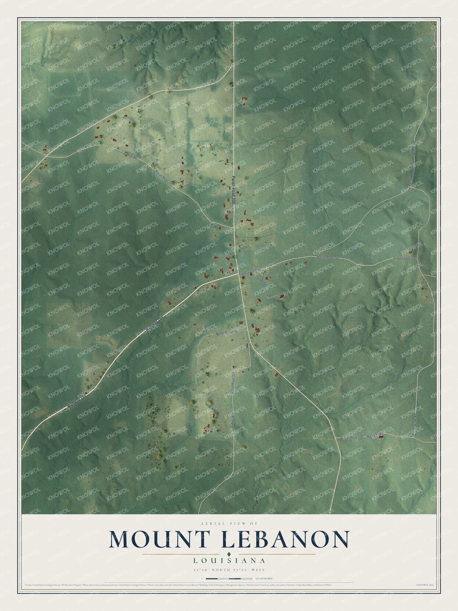 Full map of Mount Lebanon, Louisiana, with red buildings, printed street names and the land around them