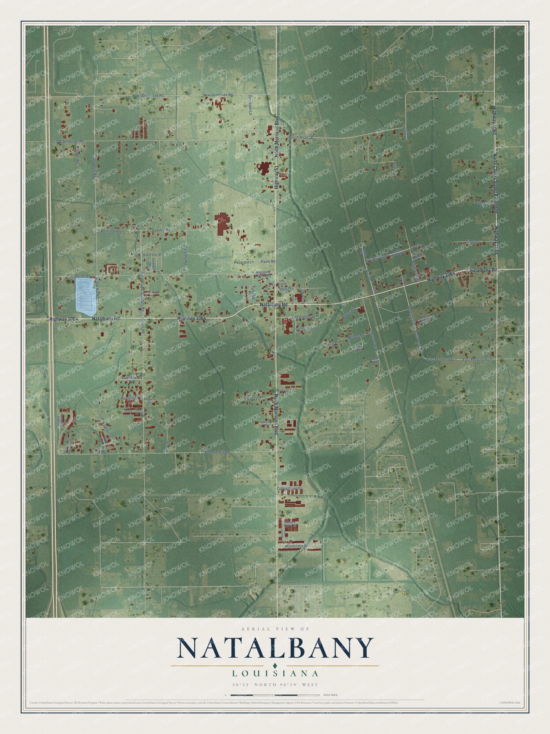 Full map of Natalbany, Louisiana, with red buildings, printed street names and the land around them
