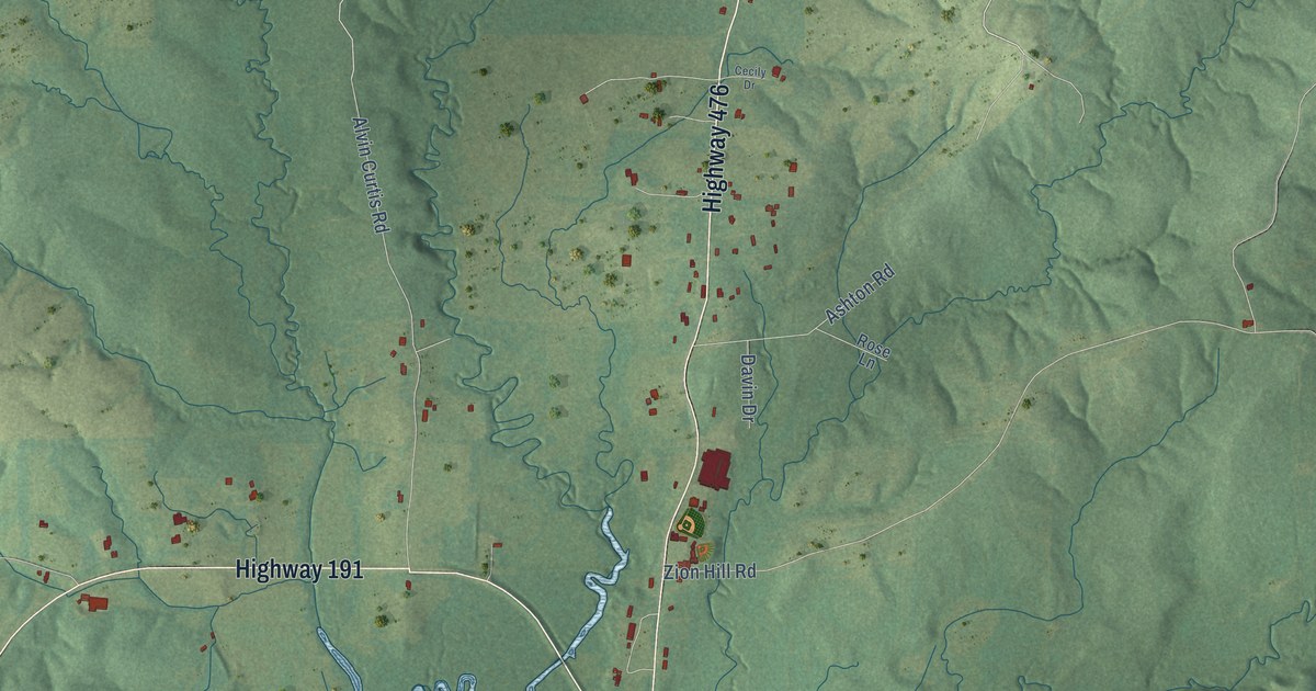 Close-up of streets and buildings in Negreet, Louisiana