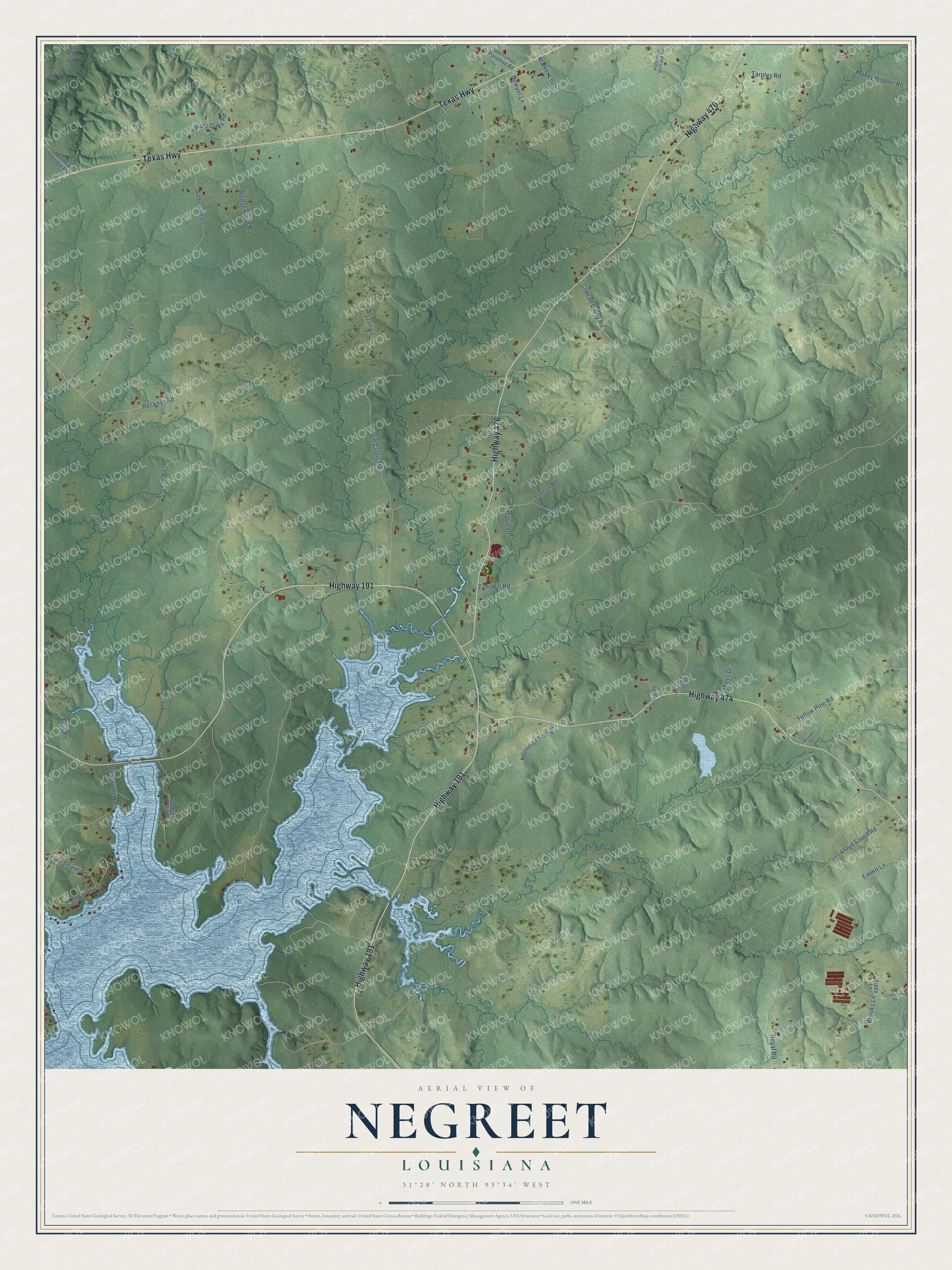 Full map of Negreet, Louisiana, with red buildings, printed street names and the land around them