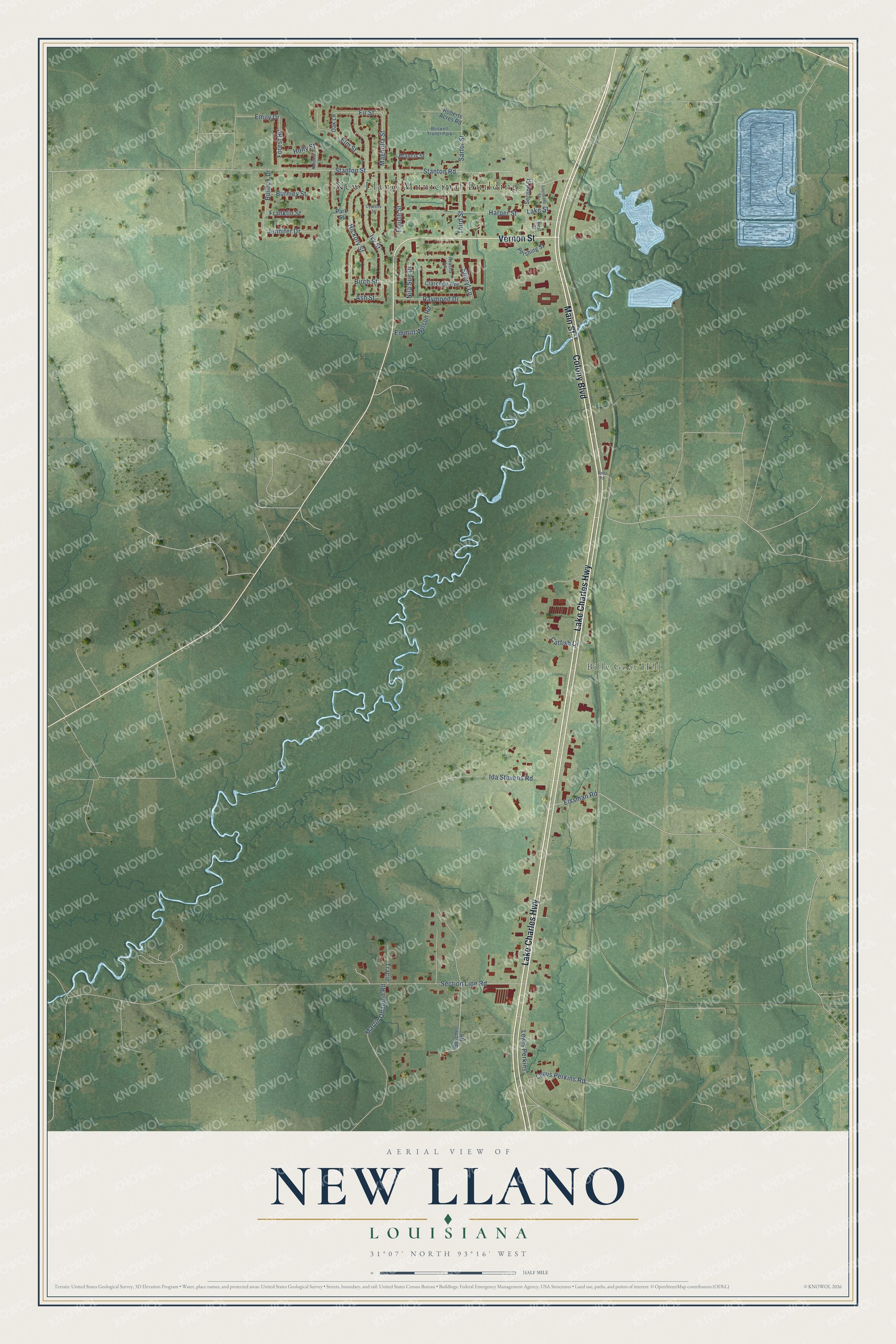 Watermarked full-map preview of New Llano, Louisiana
