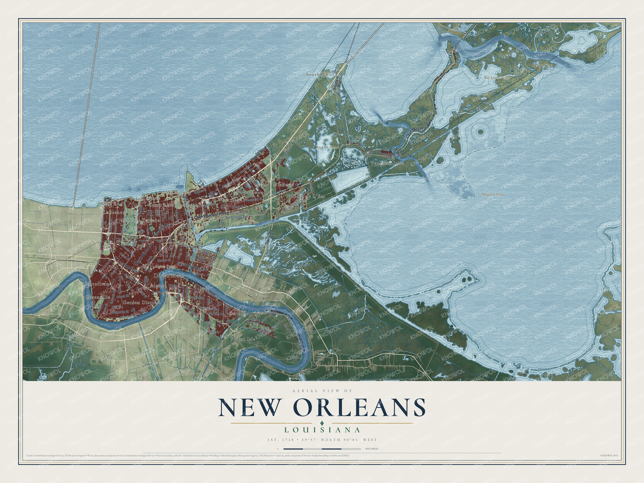 Full map of New Orleans, Louisiana, with red buildings, printed street names and the land around them