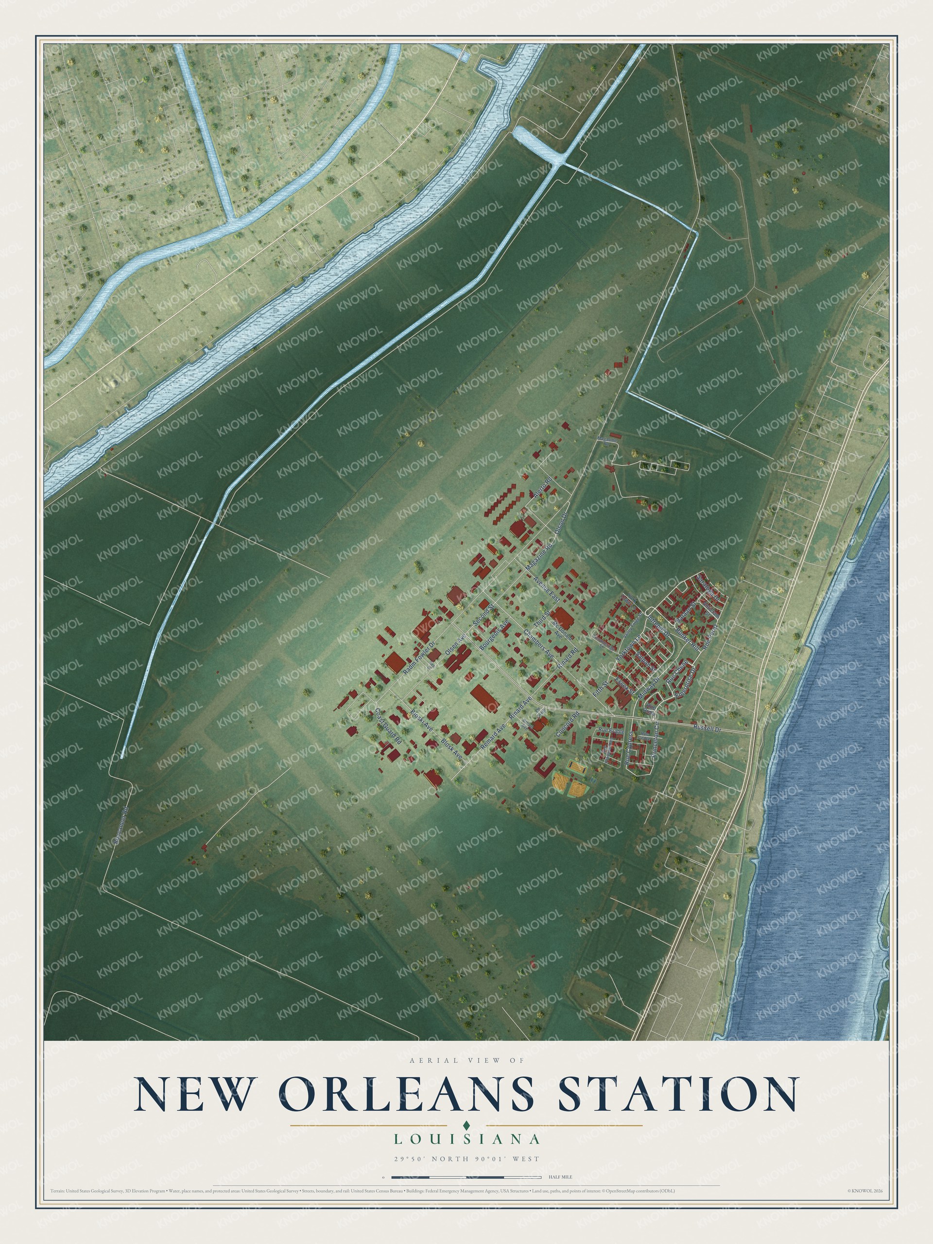 Full map of New Orleans Station, Louisiana, with red buildings, printed street names and the land around them
