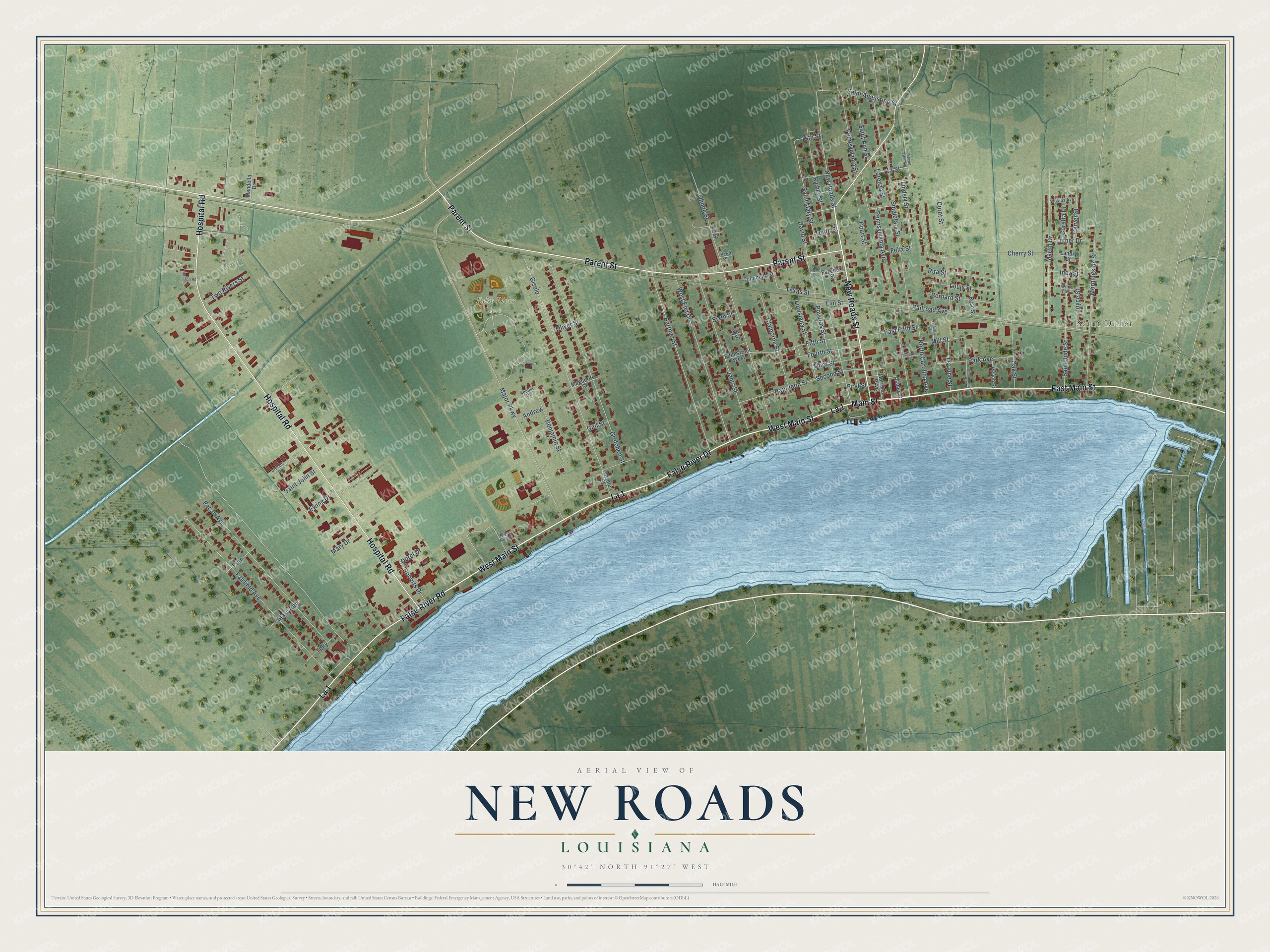 Full map of New Roads, Louisiana, with red buildings, printed street names and the land around them