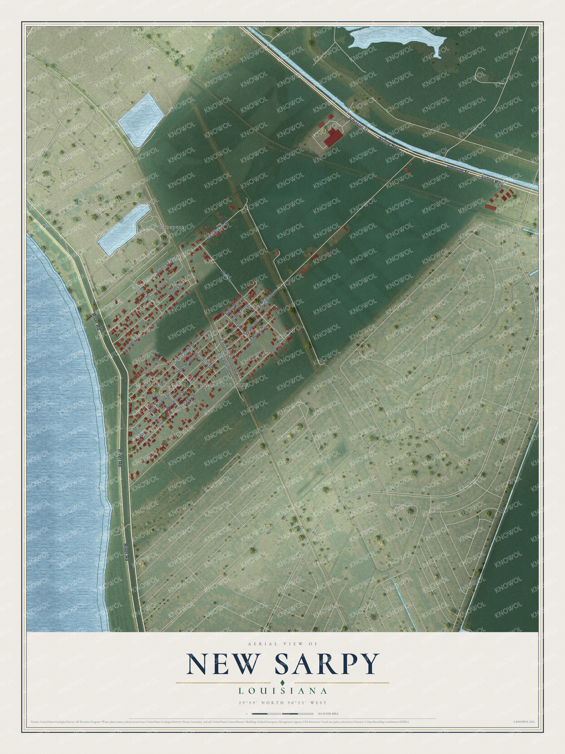 Full map of New Sarpy, Louisiana, with red buildings, printed street names and the land around them