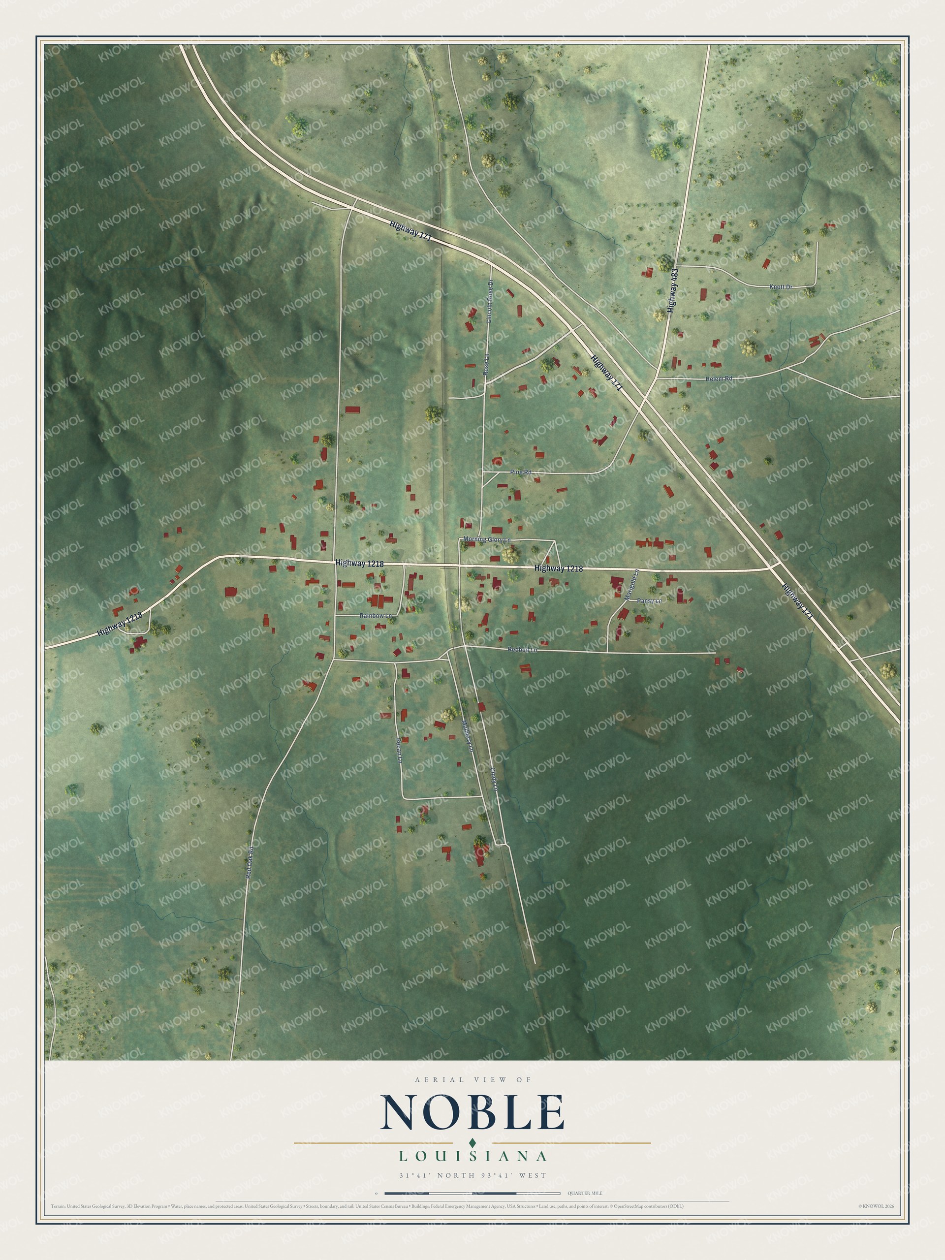 Full map of Noble, Louisiana, with red buildings, printed street names and the land around them