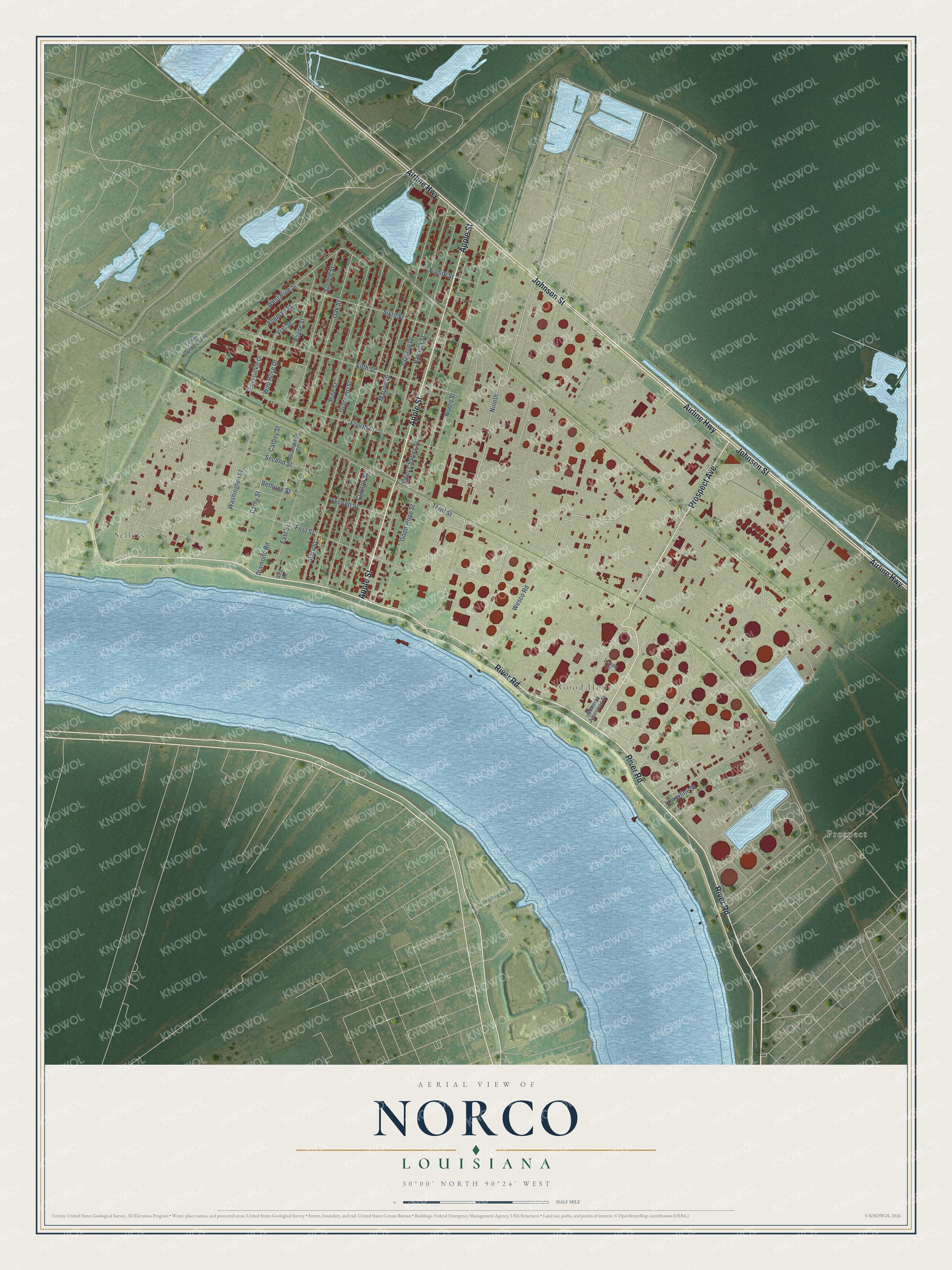 Full map of Norco, Louisiana, with red buildings, printed street names and the land around them