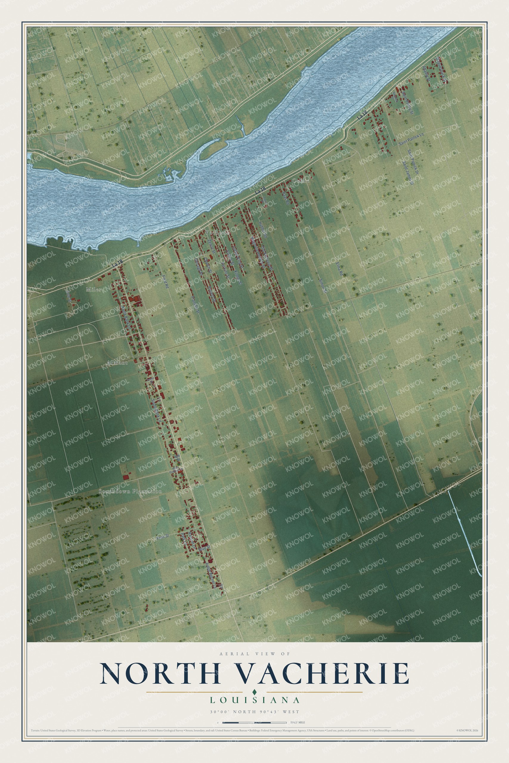 Full map of North Vacherie, Louisiana, with red buildings, printed street names and the land around them
