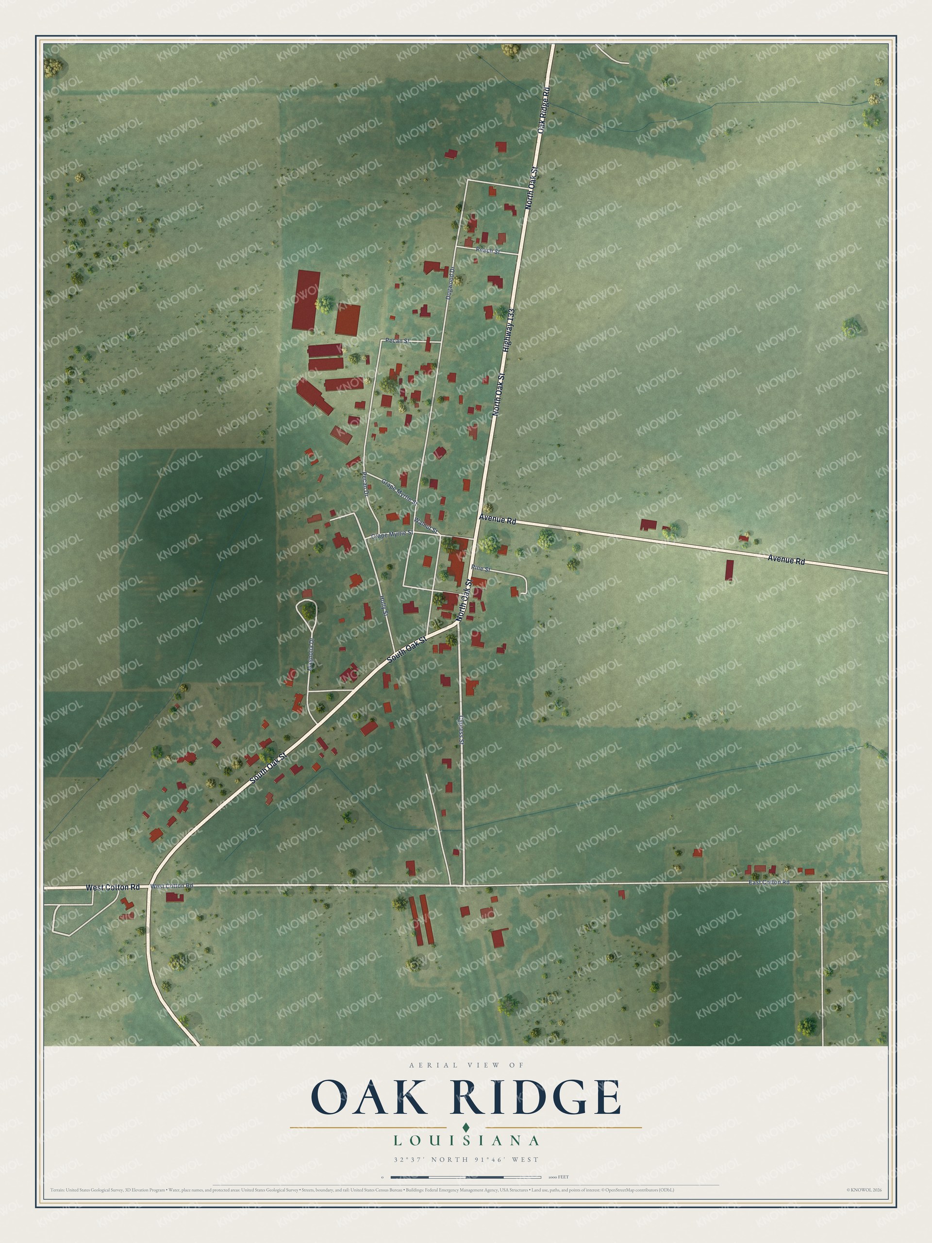 Full map of Oak Ridge, Louisiana, with red buildings, printed street names and the land around them