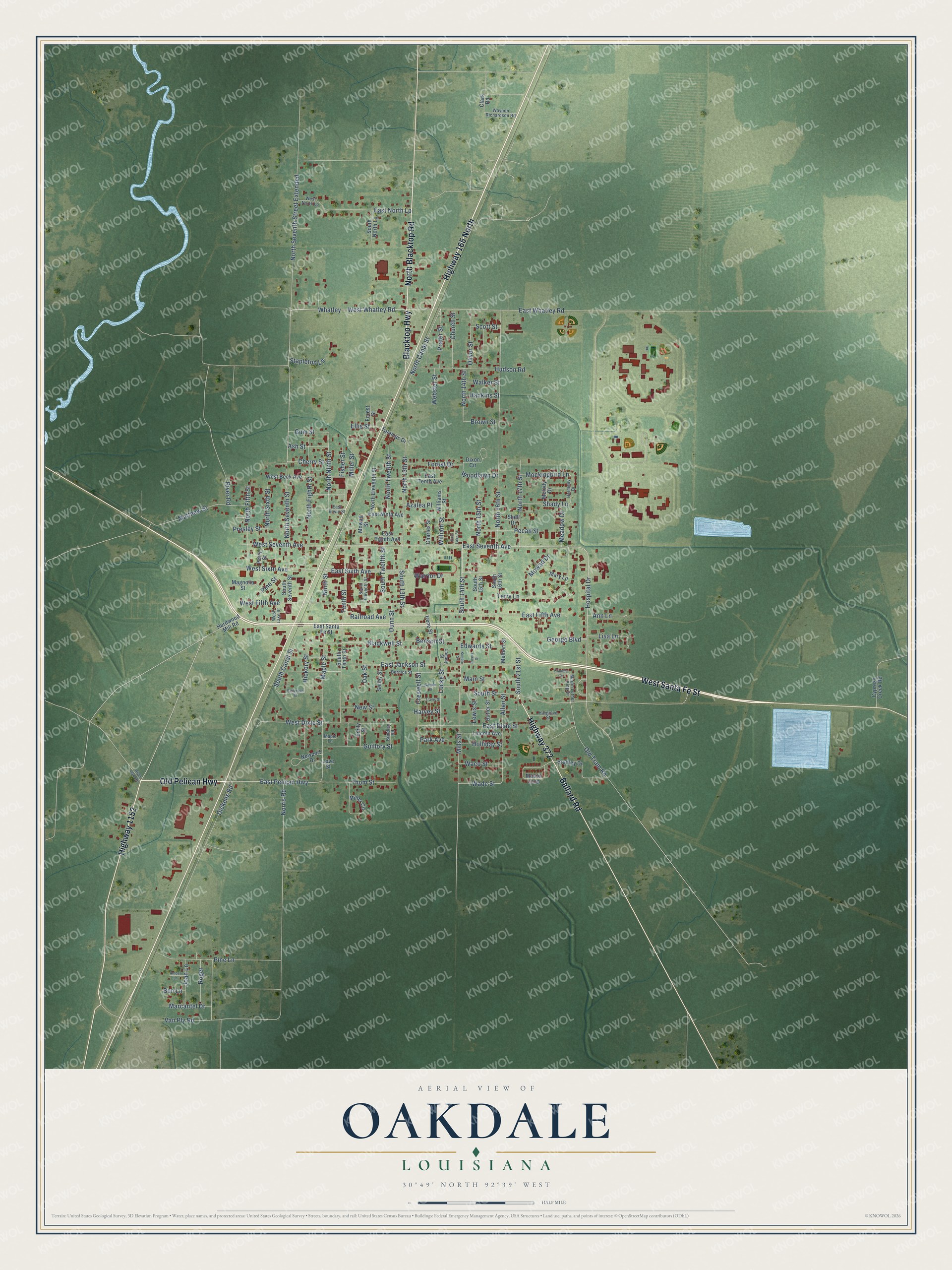 Watermarked full-map preview of Oakdale, Louisiana
