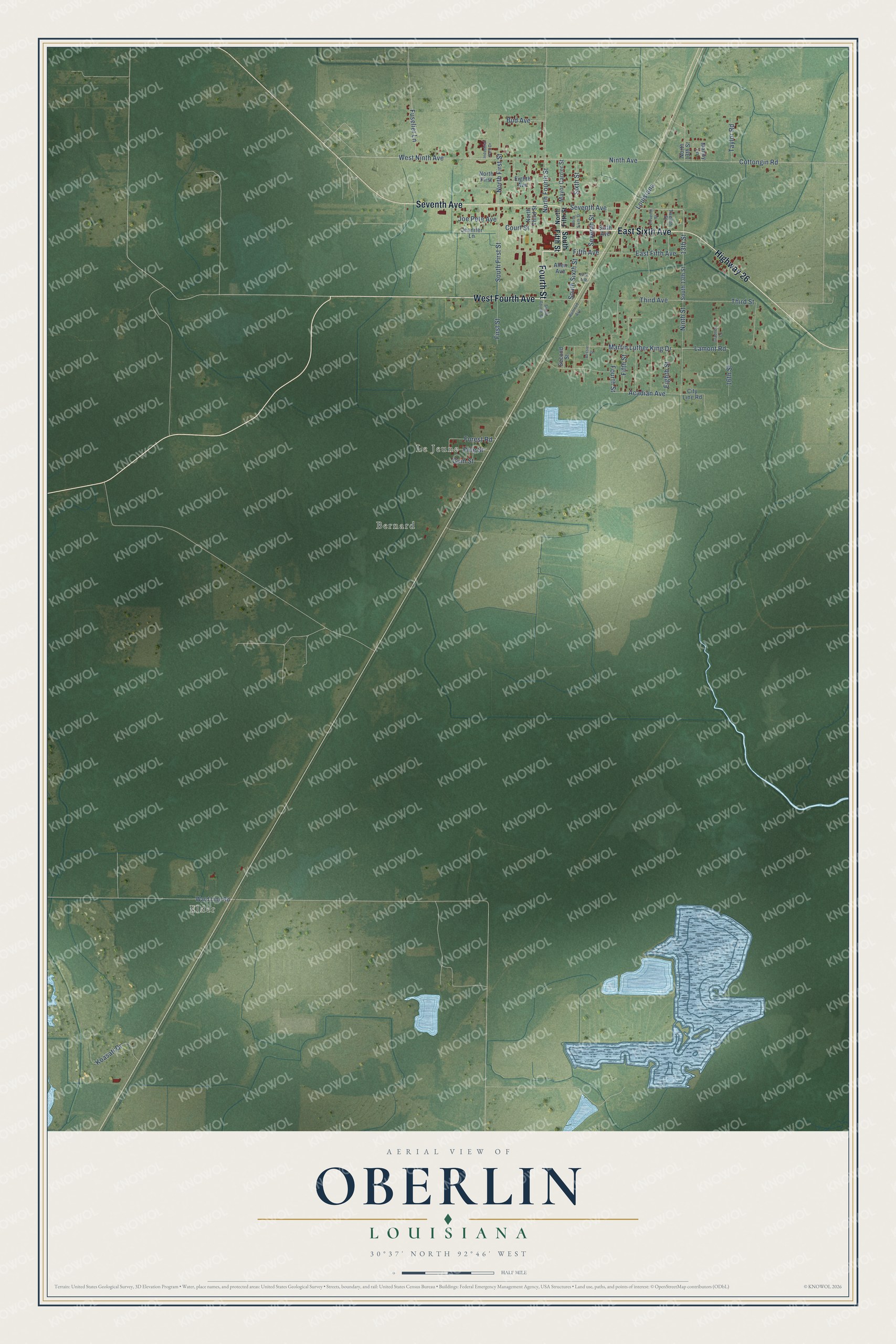 Full map of Oberlin, Louisiana, with red buildings, printed street names and the land around them