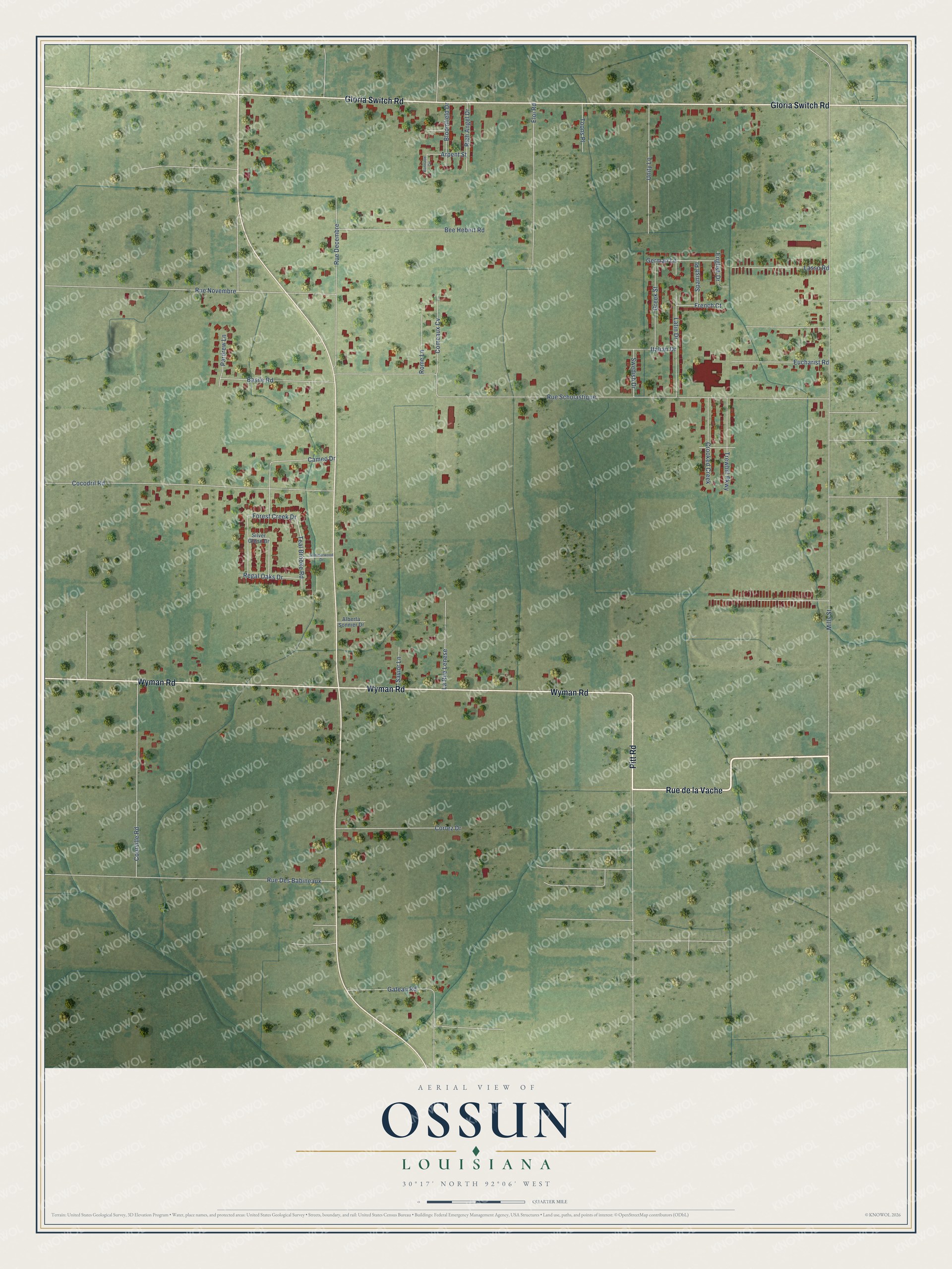 Full map of Ossun, Louisiana, with red buildings, printed street names and the land around them