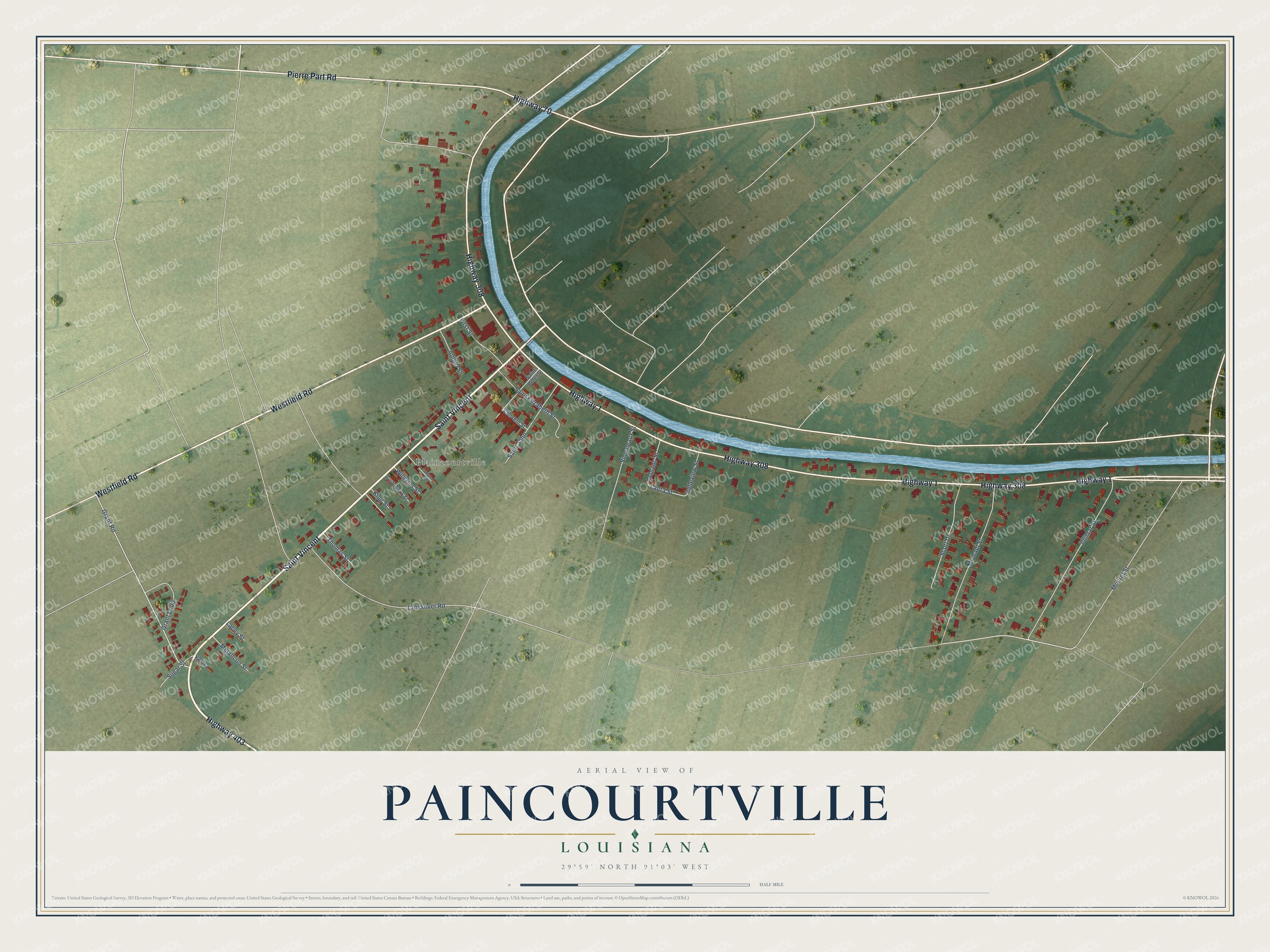 Full map of Paincourtville, Louisiana, with red buildings, printed street names and the land around them