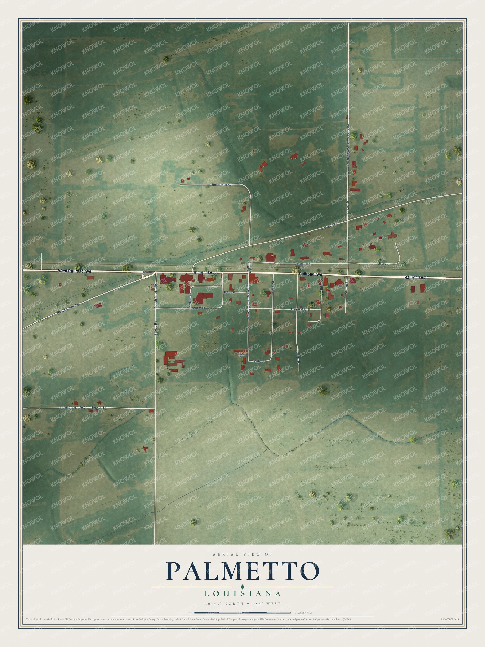 Full map of Palmetto, Louisiana, with red buildings, printed street names and the land around them