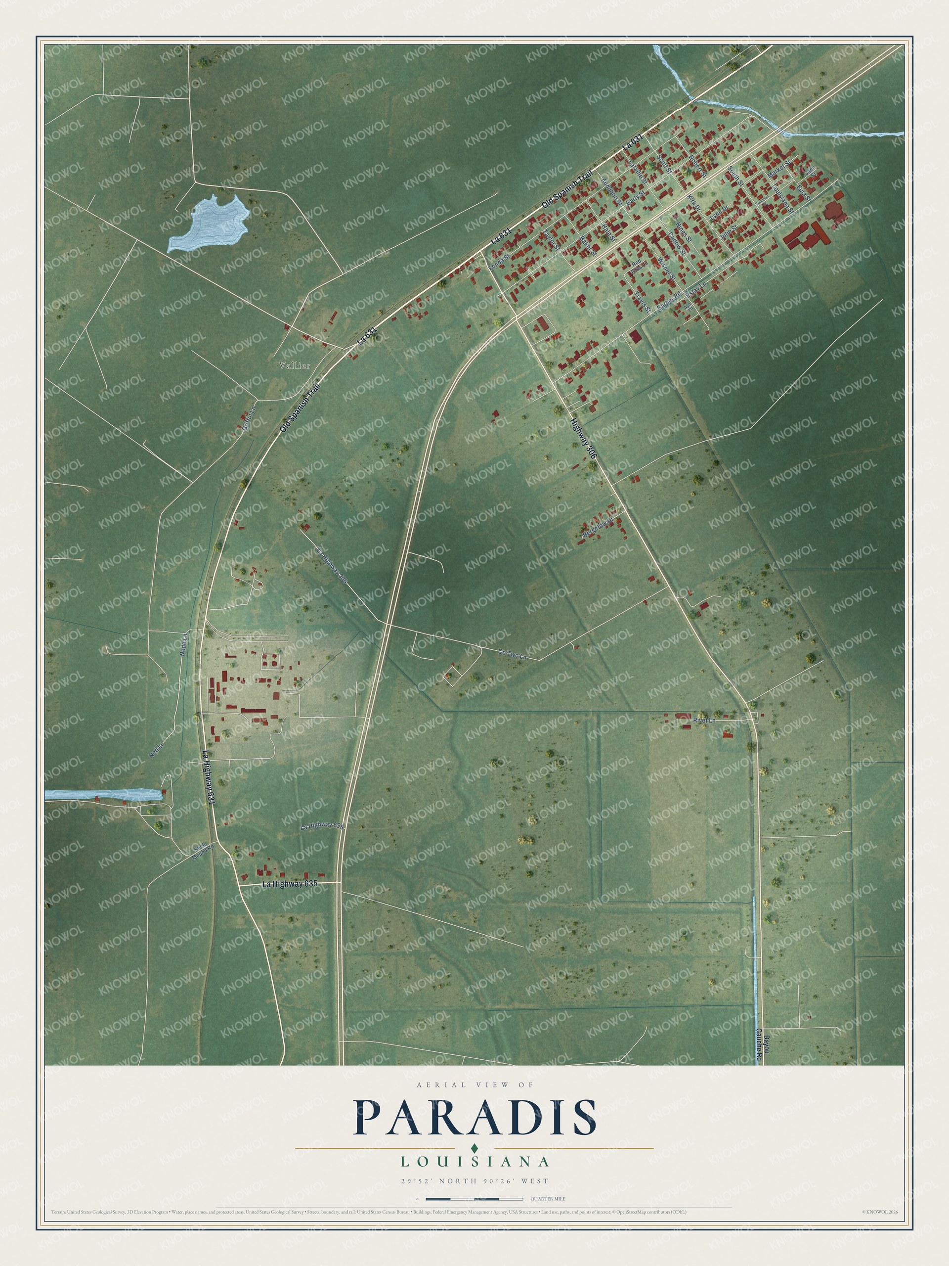 Full map of Paradis, Louisiana, with red buildings, printed street names and the land around them