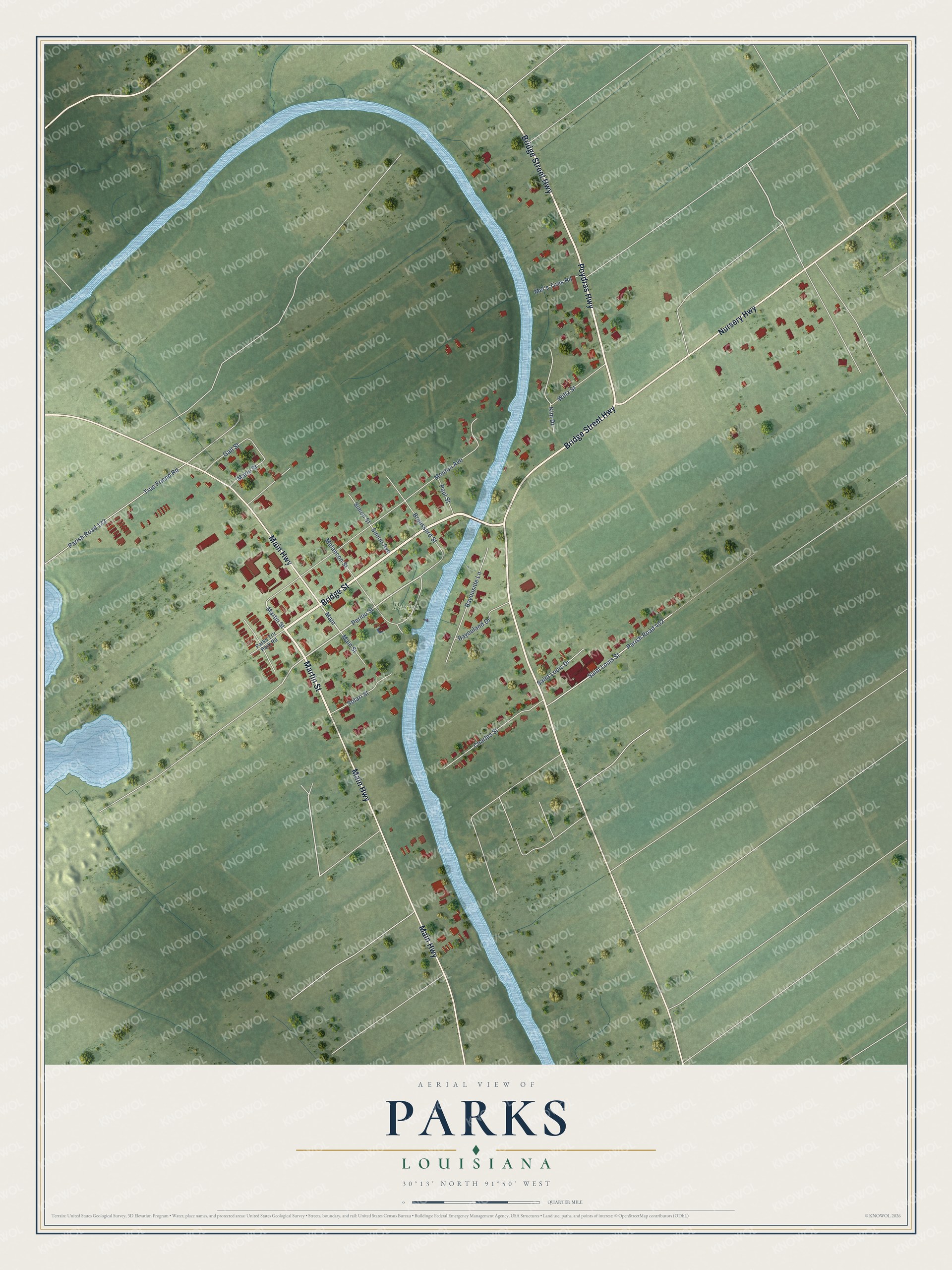 Full map of Parks, Louisiana, with red buildings, printed street names and the land around them