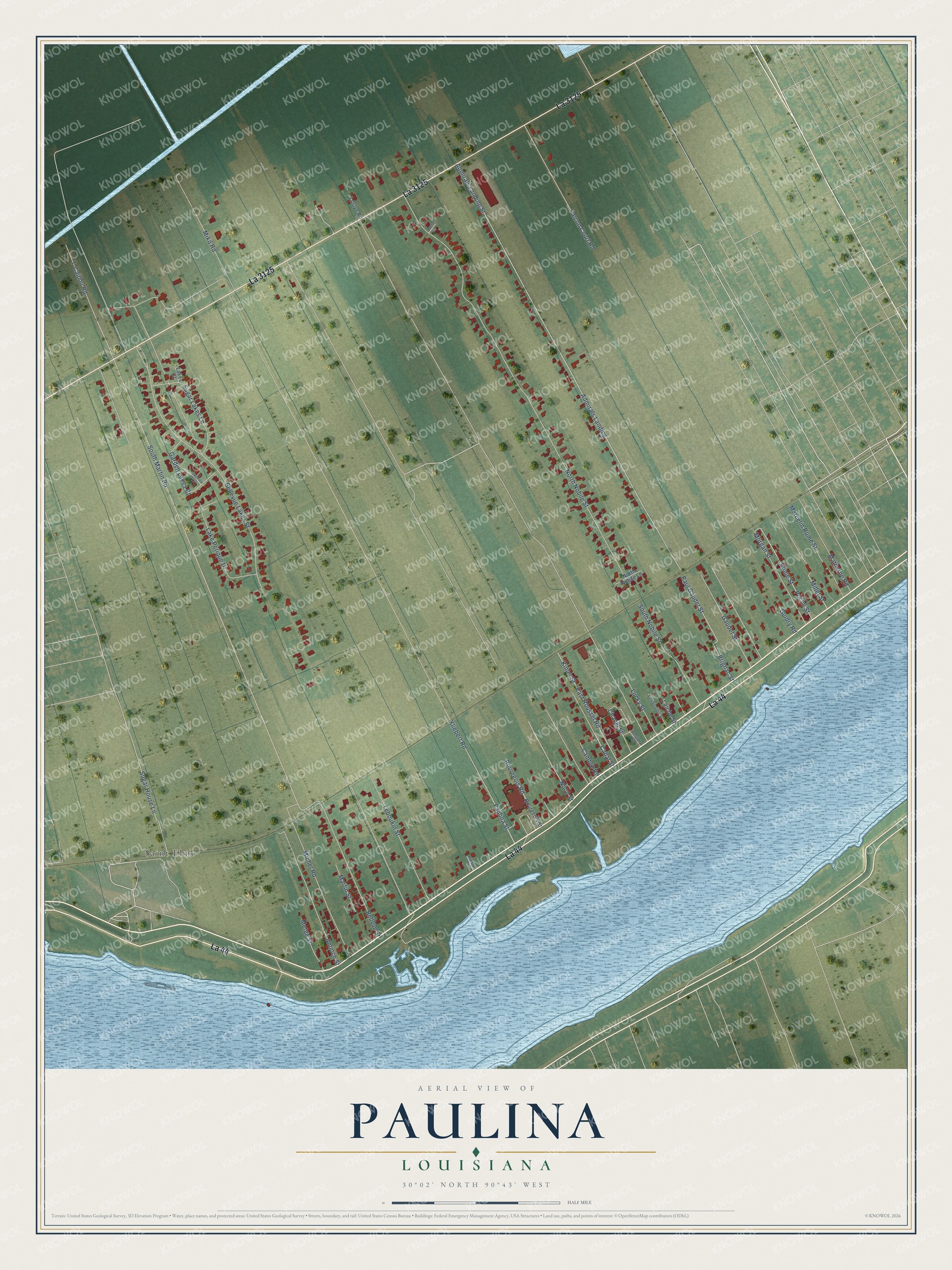 Full map of Paulina, Louisiana, with red buildings, printed street names and the land around them
