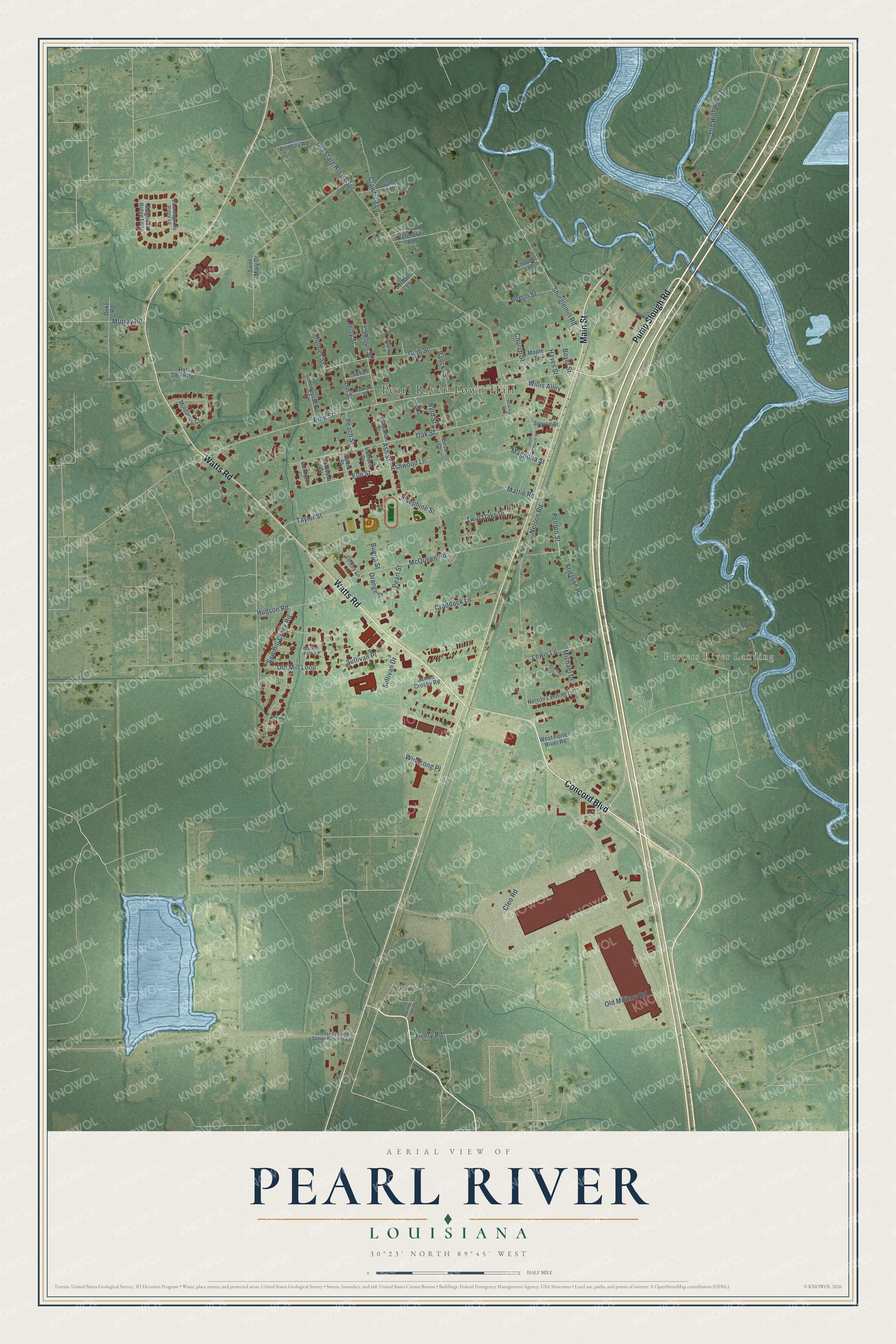 Full map of Pearl River, Louisiana, with red buildings, printed street names and the land around them